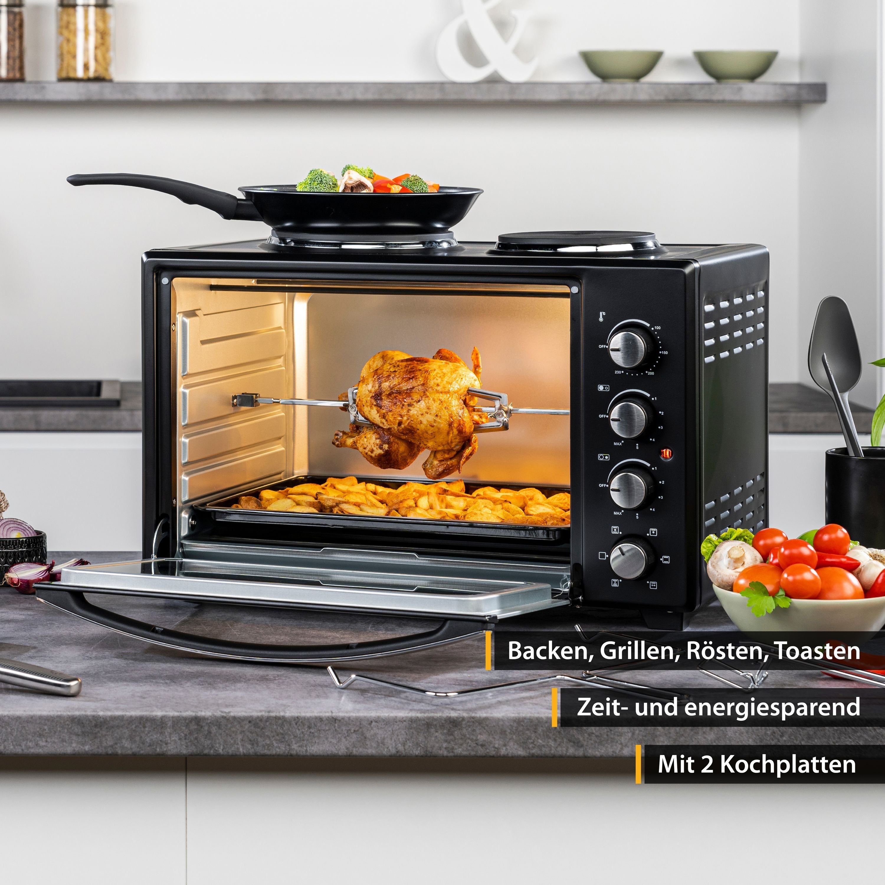 TZS FIRST AUSTRIA Minibackofen Pizzaofen mit Kochplatten, 60L, 3400W, Mini Backofen mit Umluft, max 230°C, Backblech, Drehspieß, Grillrost, Innenbeleuchtung