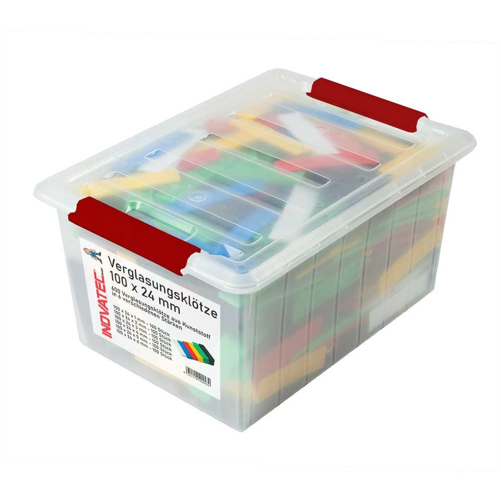 Inovatec Unterlegplatte 600 x Kunststoff Verglasungsklötze 100 x 24 x 1 - 6 mm Montage Trageklötze Mix in praktischer wiederverwendbarer Box mit Deckel und Clips