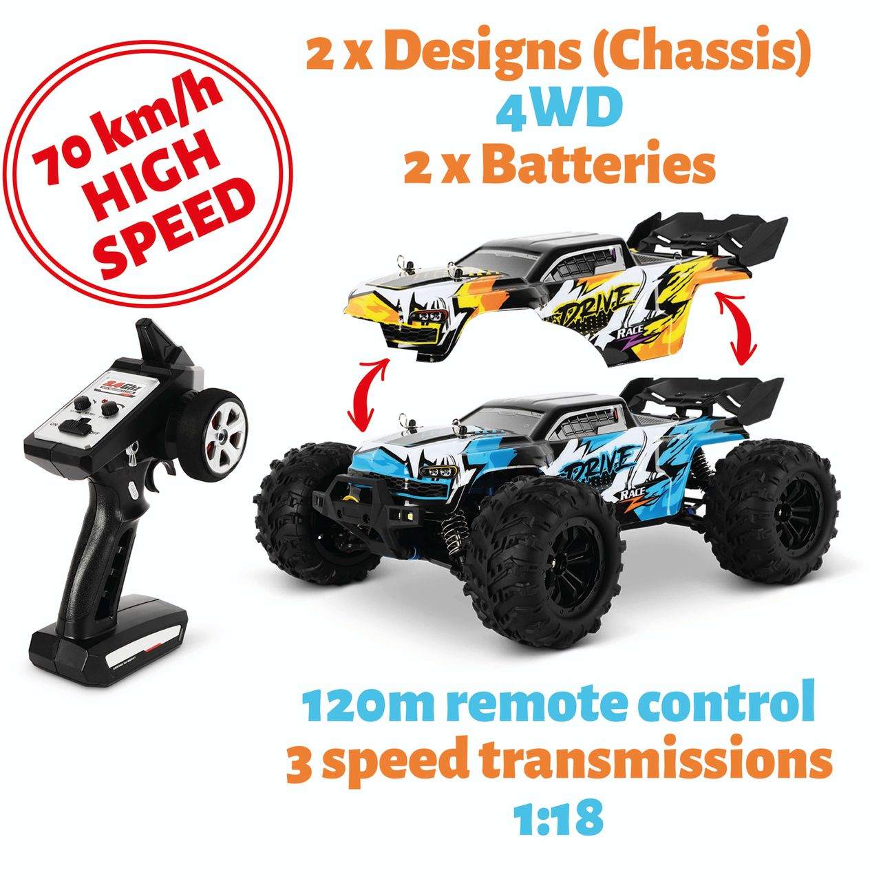 Blijr Blij´r DRIVE ferngesteuertes RC Auto 70 km/h, 2 Chassis, 1:16, 2 Akkus, Allrad, 120m