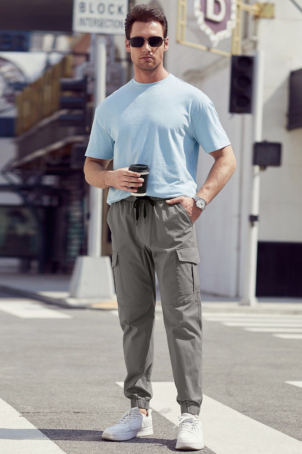 JMIERR Cargohose Cargohose Herren Baumwolle Chino Hose Jogginghose für Männe 32-40 (mit Bindegürtel, cargohose) in Unifarbe, Elastikbund mit Tunnelzug