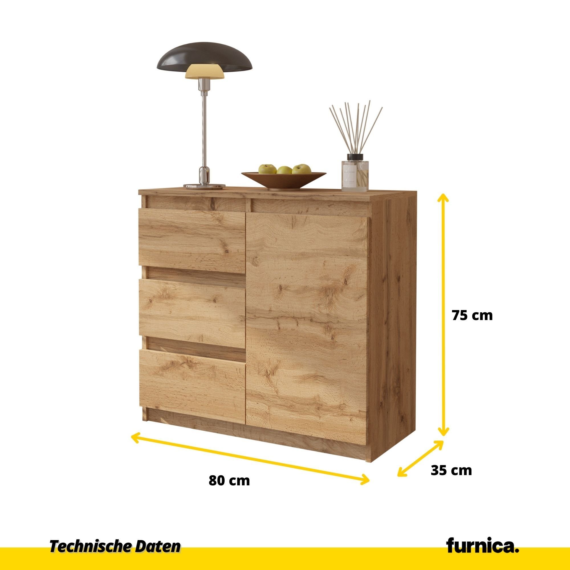 Furnica Kommode MIKEL, 3 Schubladen und 1 Tür - Votan Eiche H75cm B80cm T35cm (1 St)