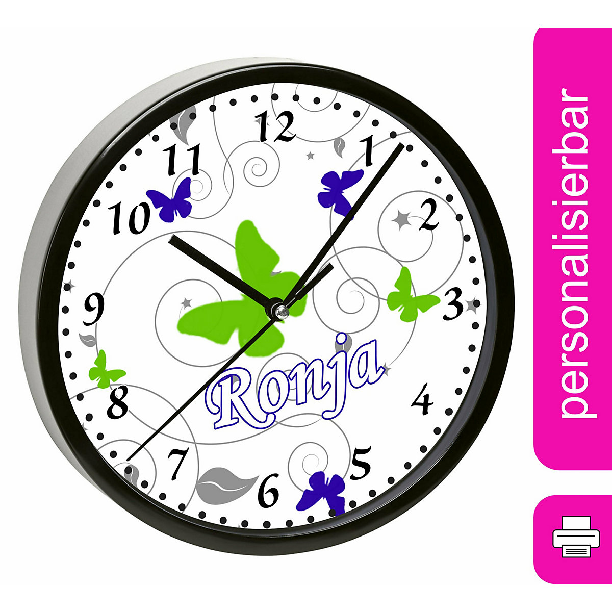 Kinder Wanduhr personalisiert mit Name Schmetterling Blau Grün