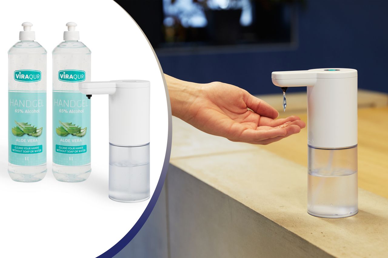 Umuzi Cleaning Viraqur Handhygiene-Set: automatischer Seifenspender inkl. desinfizierendem Handgel.