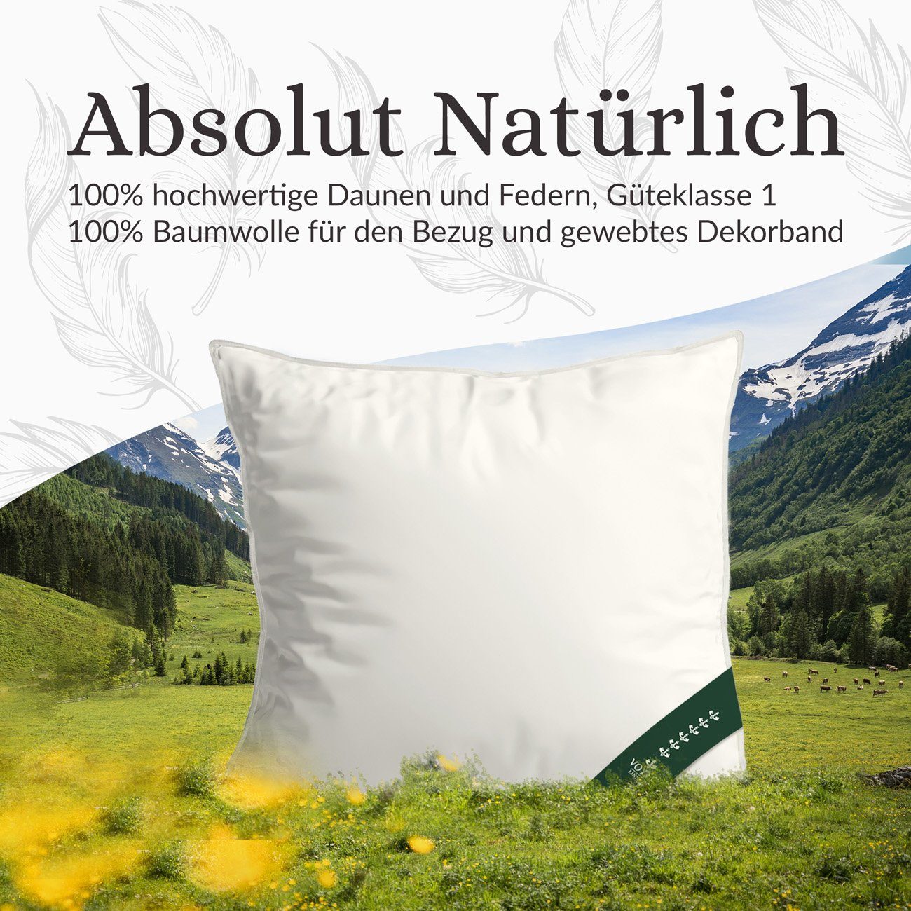 Daunenkissen Wiener Wolkenpolster 80x80cm in zwei Füllstärken, VOYAL LINNEN, Füllung: 70% Federn / 30% Daunen, kuschliges Kopfkissen hergestellt in Deutschland, allergikerfreundlich