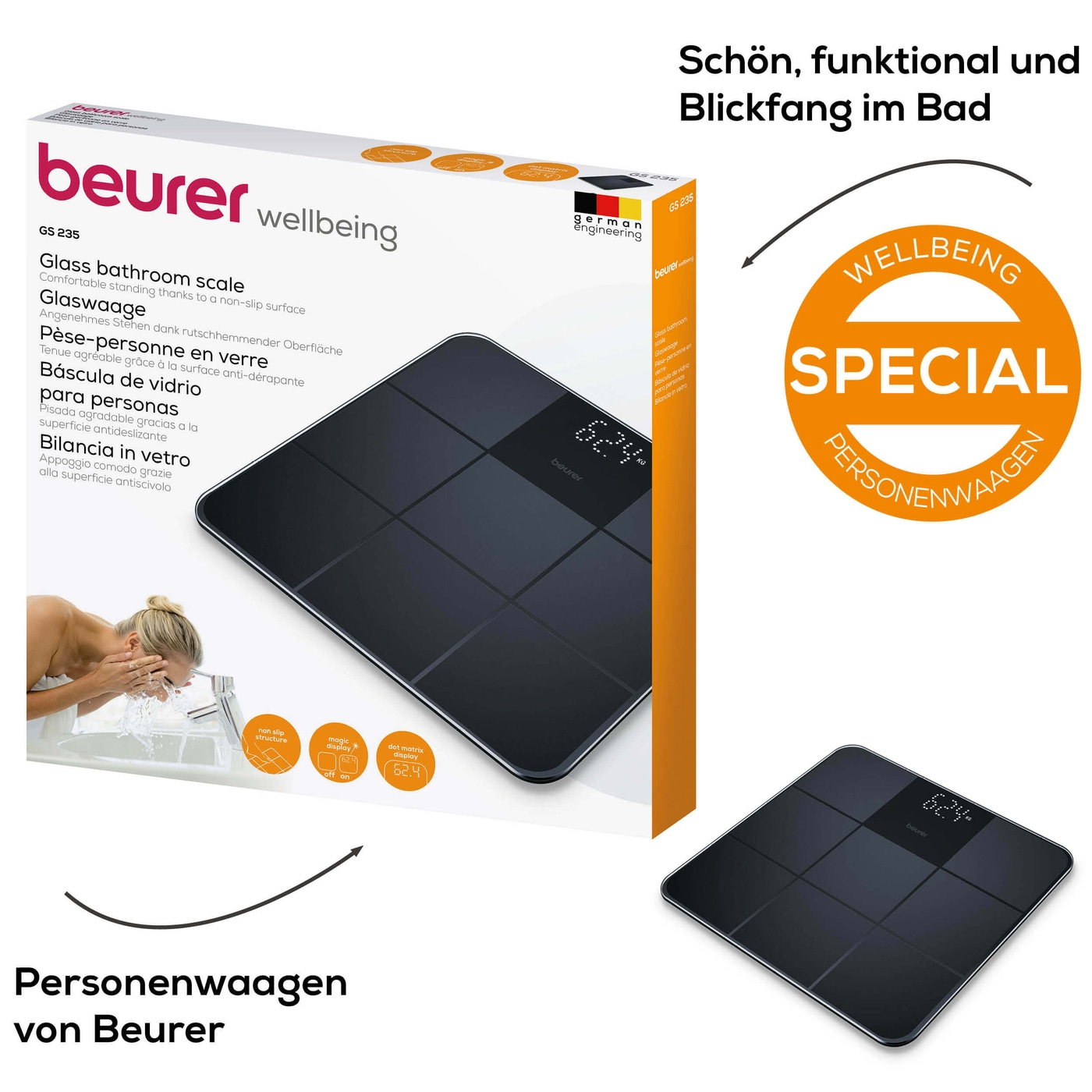 Beurer Glaswaage - GS 235-Personenwaage aus Glas mit Silikonoberfläche & unsichtbarem Magic-Display - bis 180 kg