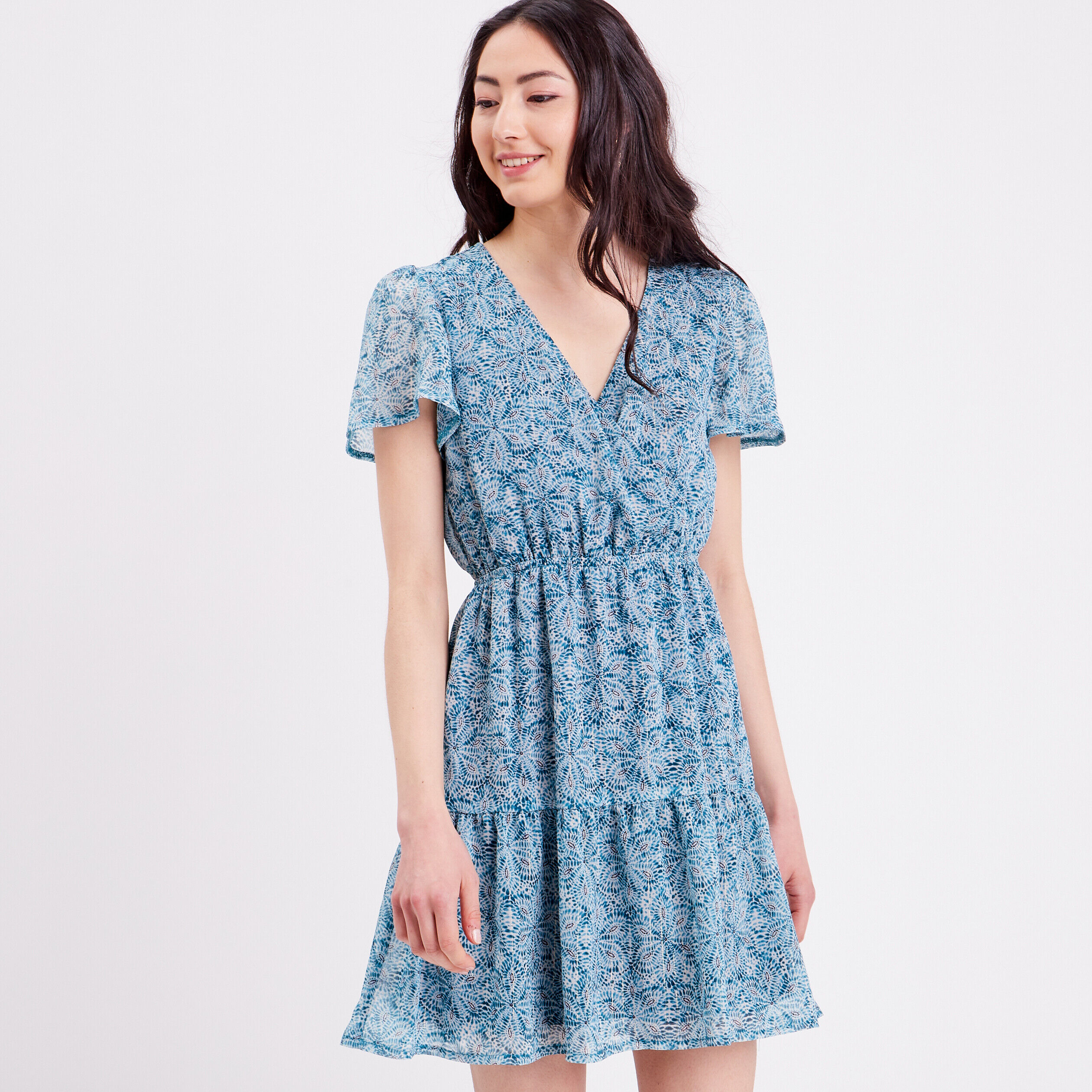 Robe évasée col cache-coeur bleu femme | Cache Cache