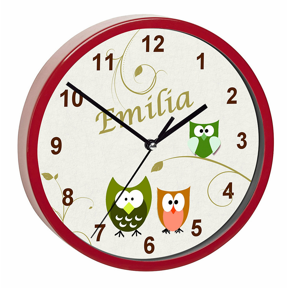 Kinder Wanduhr laufruhig personalisiert mit Name Eule beige grün orange