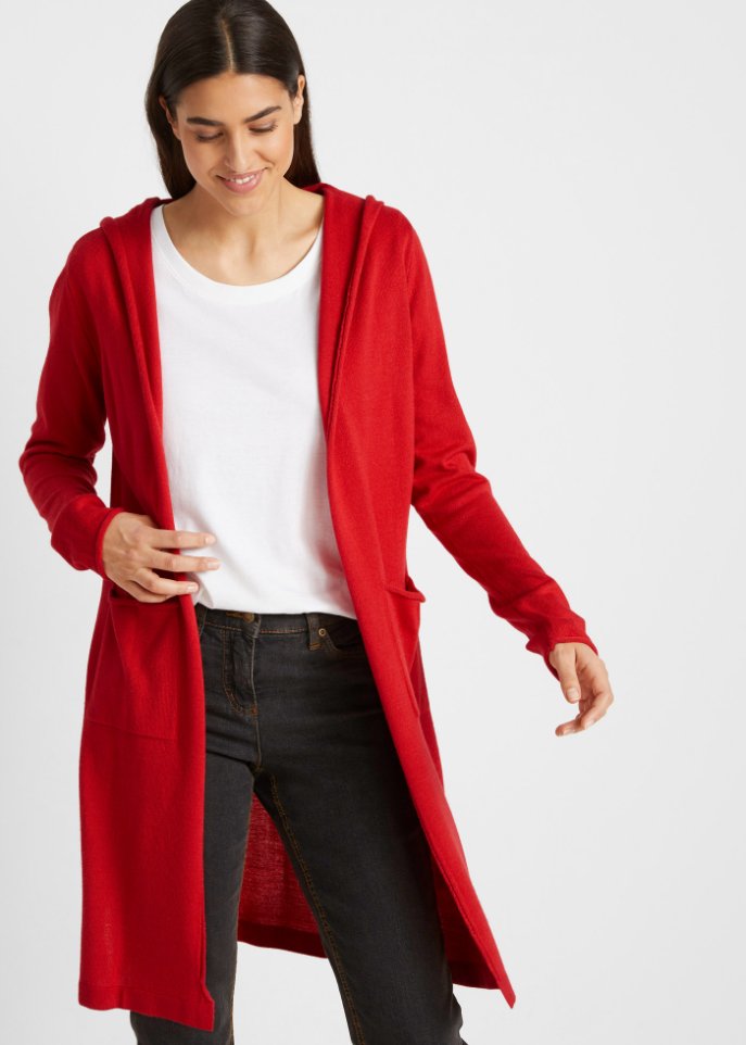 Longstrickjacke mit Kapuze