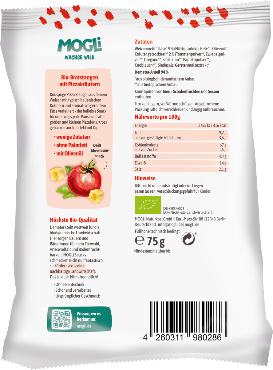 Kindersnack Pizza Stangen mit Käse und Olivenöl, 75 g