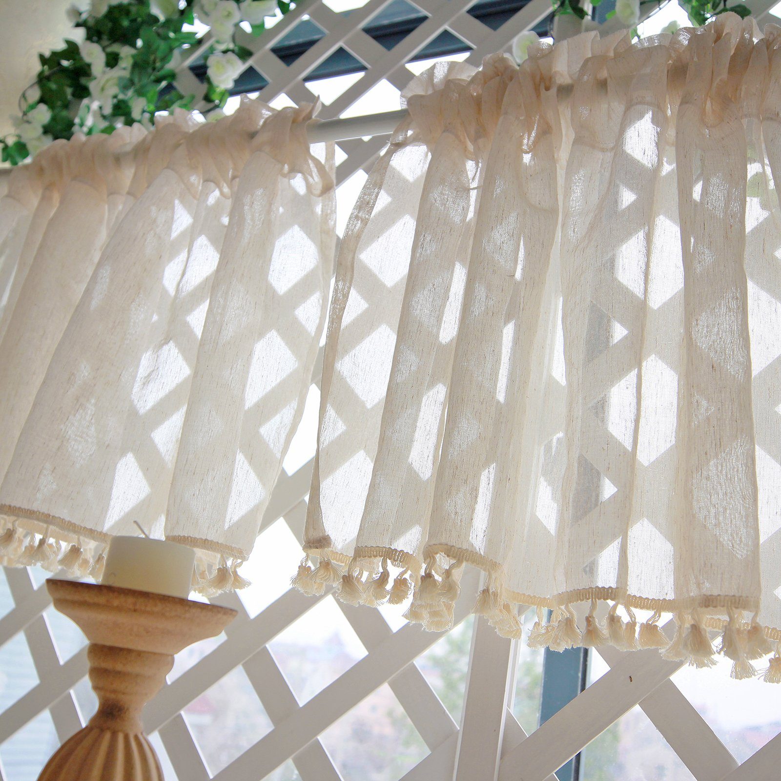 Scheibengardine Vorhang Leinen,Kurze Scheibengardine mit Quasten, BTTO, (2 St), transparent, Beige,durchsichtig,für Küche Wohnzimmer Schlafzimmer, bistrogardine
