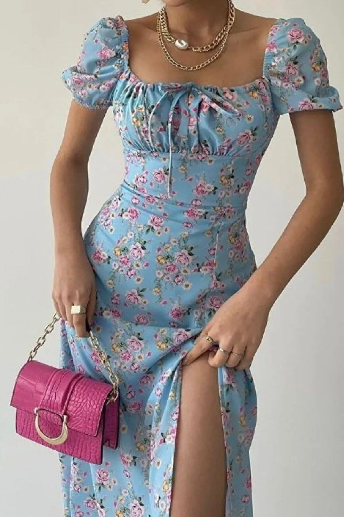 jüji  Damen Schlitz, Locker sitzender Rock, Ausschnitt, Bindedetail, Kurzarm, geblümtes weißes Sommerkleid