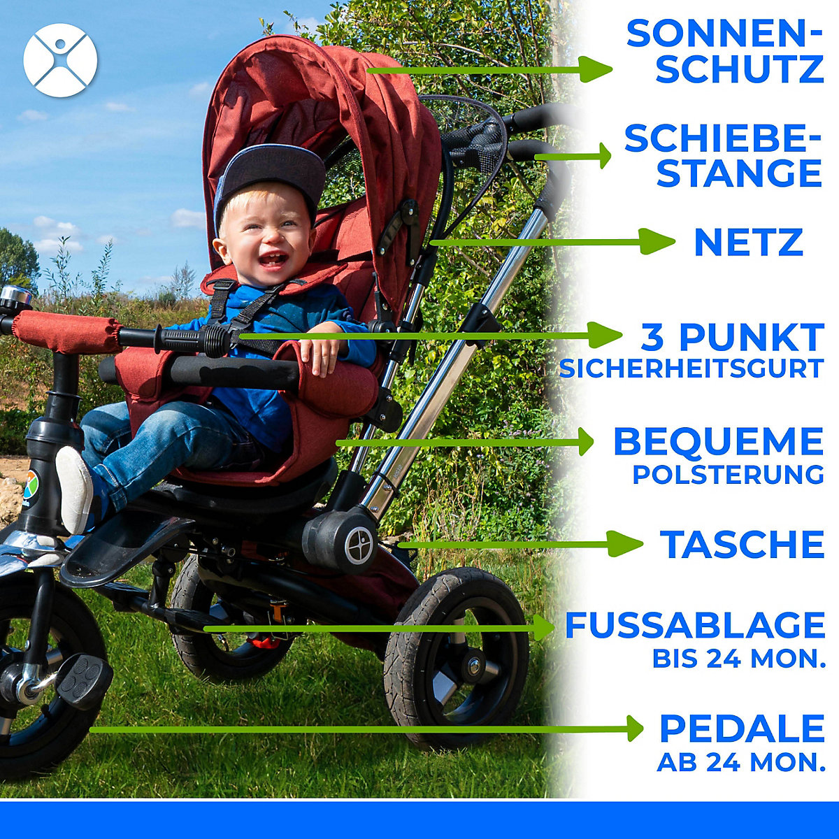 Kinderwagen Buggy Dreirad KSF12 Schieber - 7in1 Kinderdreirad mit Schubstange & Buggy