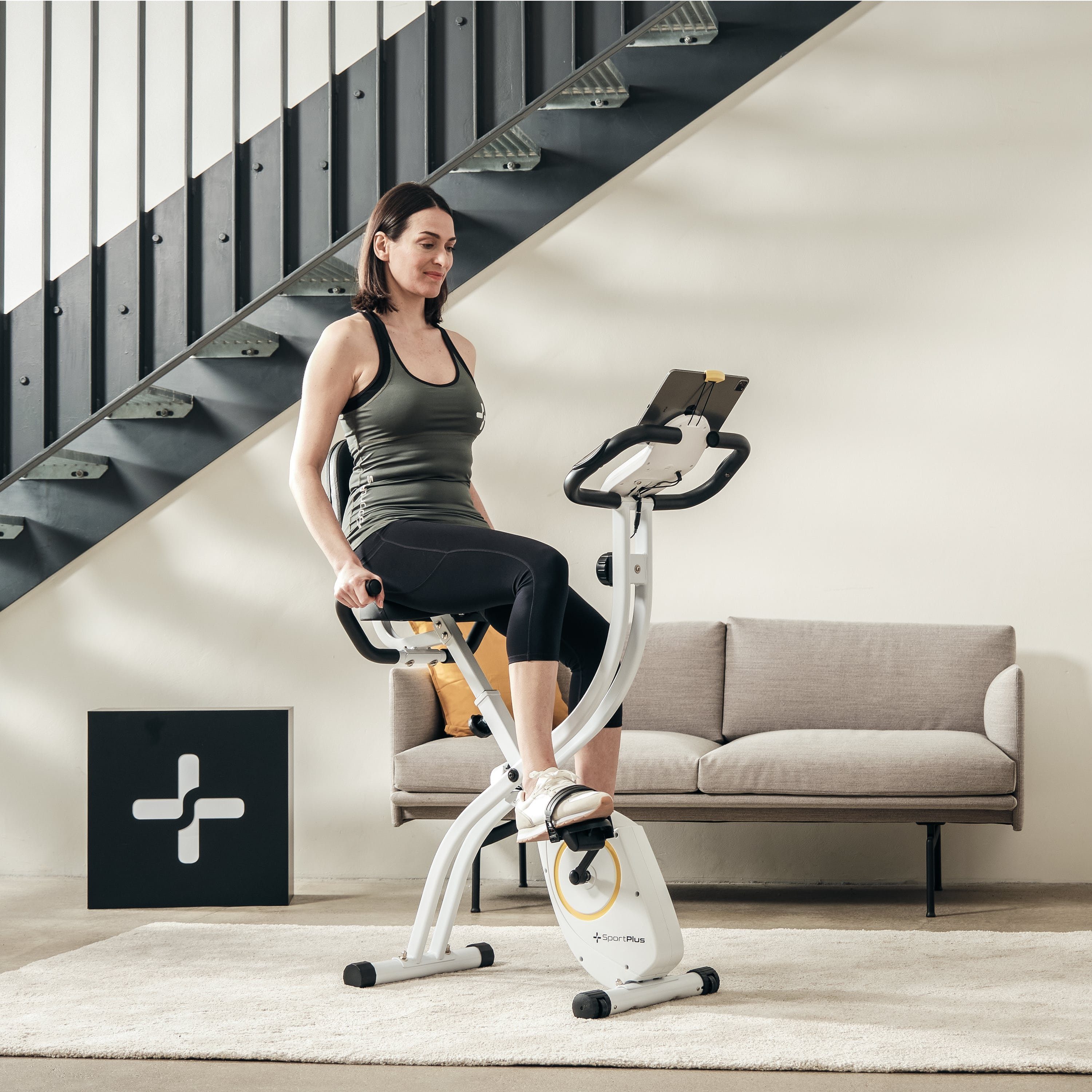 SportPlus Heimtrainer SP-HT-1300-W-iE, Heimtrainer, X-Bike, klappbar für Zuhause, Rückenlehne, 8 Stufen