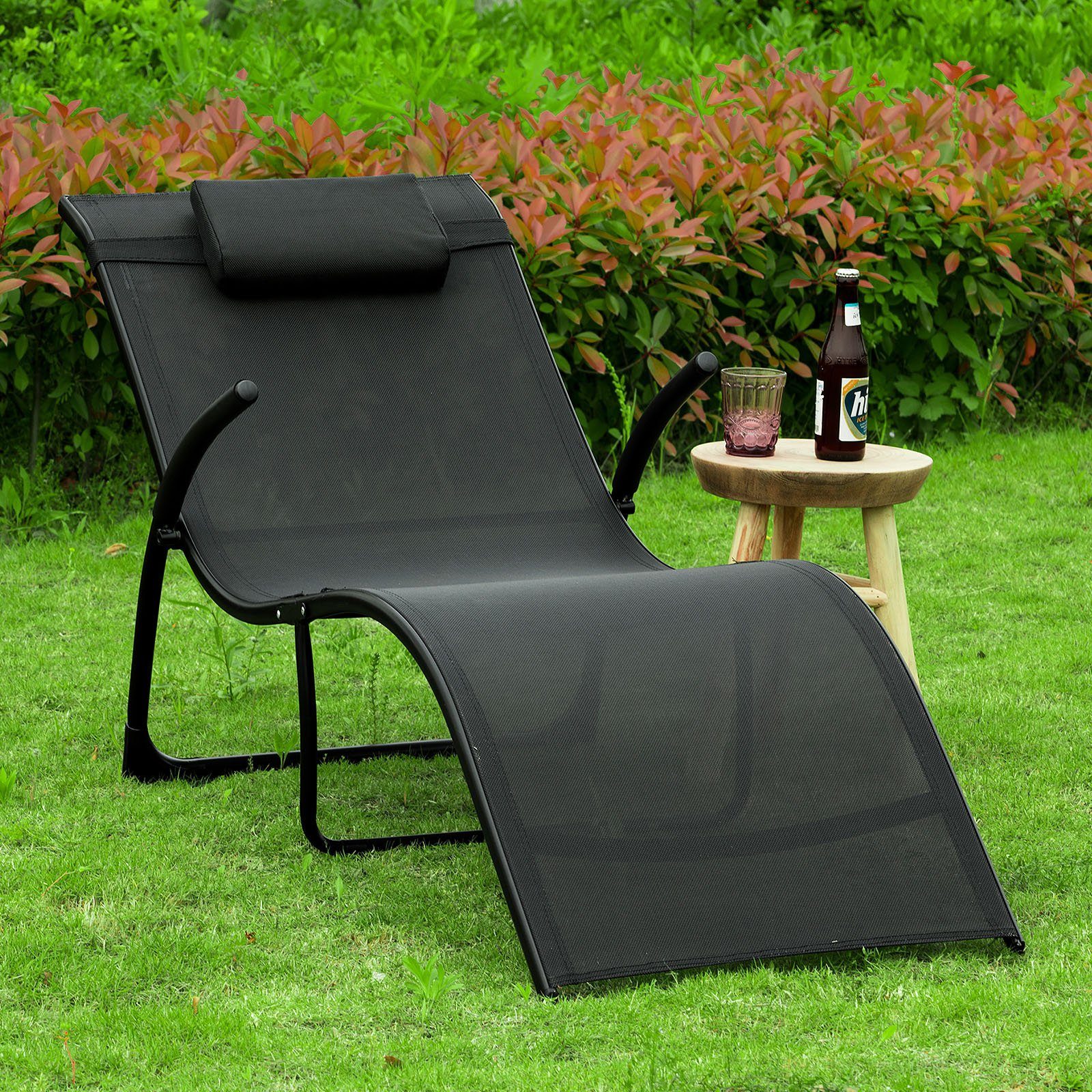 SoBuy Gartenliege OGS45 Sonnenliege klappbar Relaxstuhl Liegestuhl mit Kopfkissen Klappliege Schwarz Belastbarkeit 150 kg