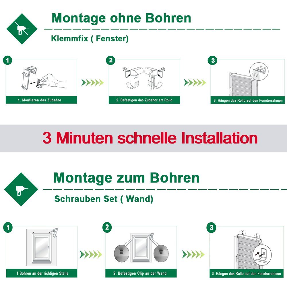 Doppelrollo Ohne Bohren, Weiß/Beige/Anthrazit, OUBO, freihängend, verspannt, Klemmfix, Klemmträger, Lichtschutz schnelle und einfache Montage mit beiliegendem