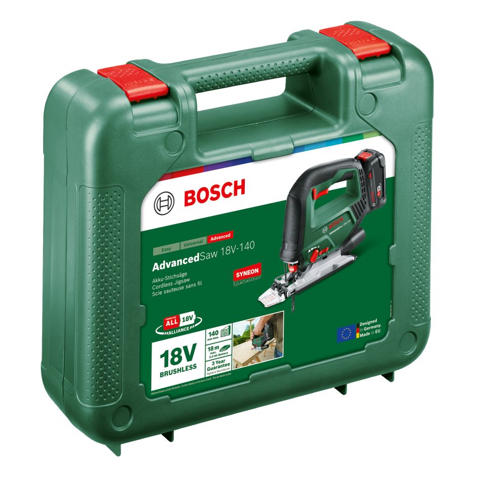 Bosch Green 0603013003 AdvancedSaw 18V-140 Akku-Stichsäge mit 1x 2,0 Ah Akku und Ladegerät AL 18V-20