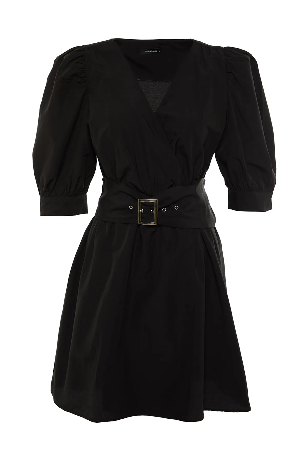 Trendyol Curve  Schwarzes gewebtes Zweireiher-Kragenkleid mit Gürtel TBBSS22EL1669