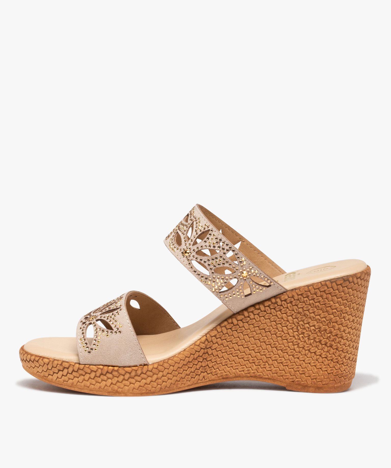 Mules femme compensées à brides strass ajourées beige | GEMO