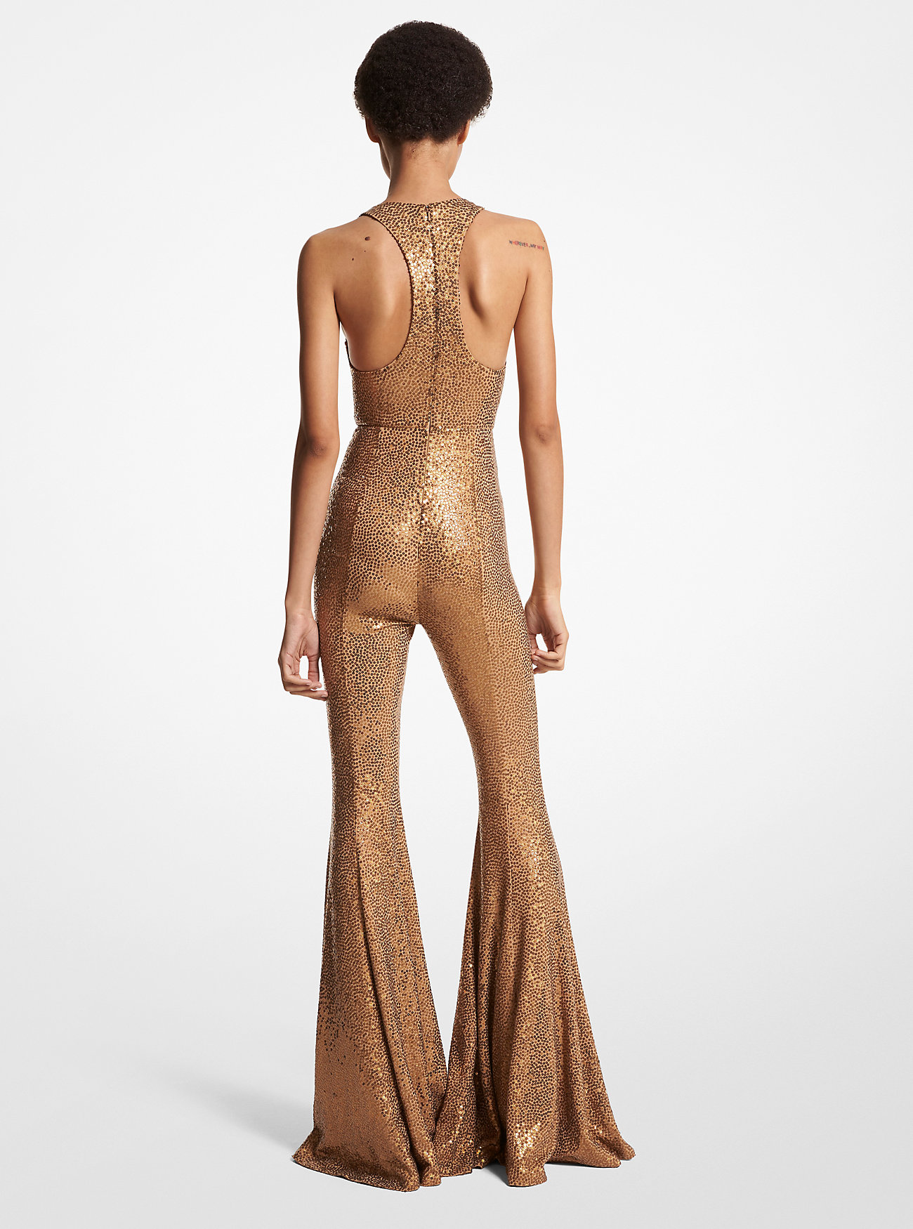 Håndbrodert paljett-stretch matt jersey-utsvingt jumpsuit - CAMEL
