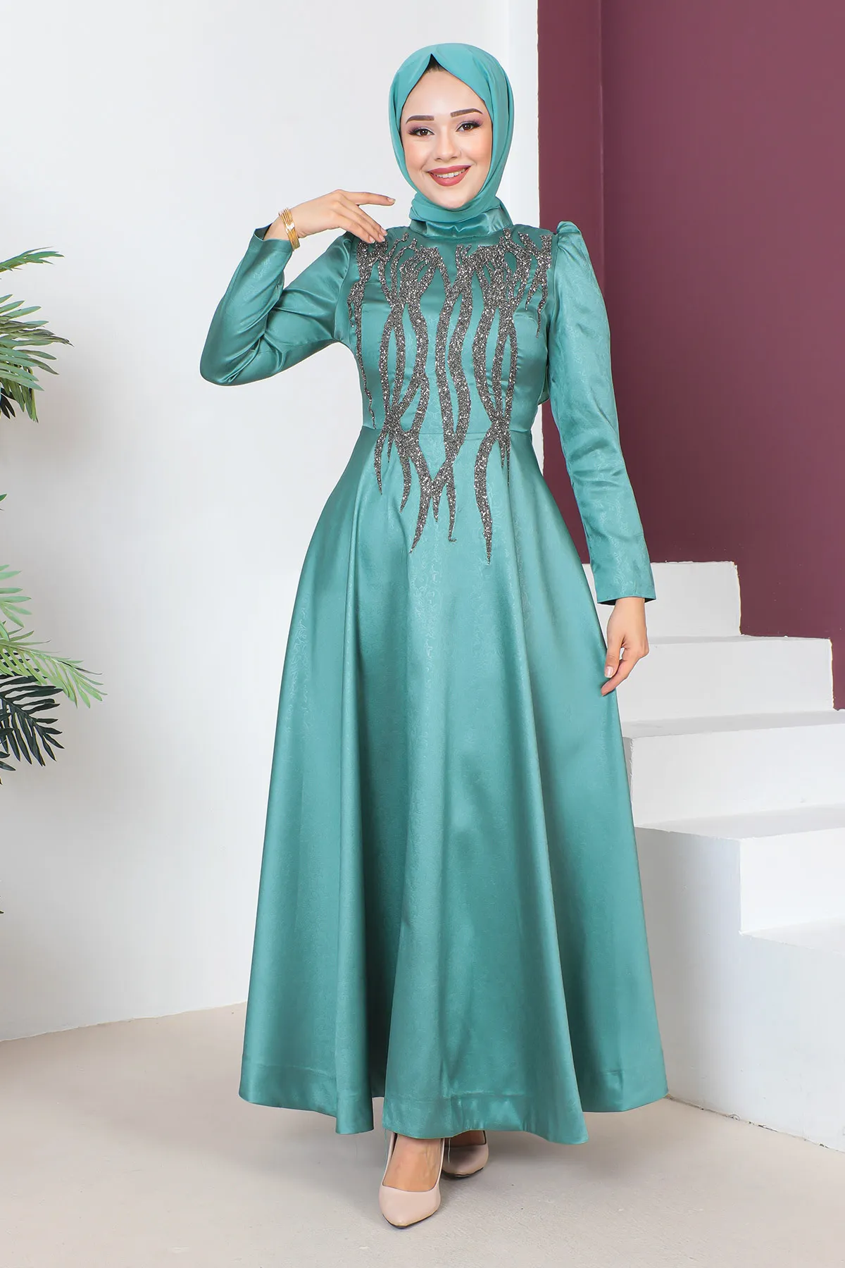 Tesettür Dünyası  Abendkleid mit Paillettendetail auf der Vorderseite TSD230634 Mintgrün