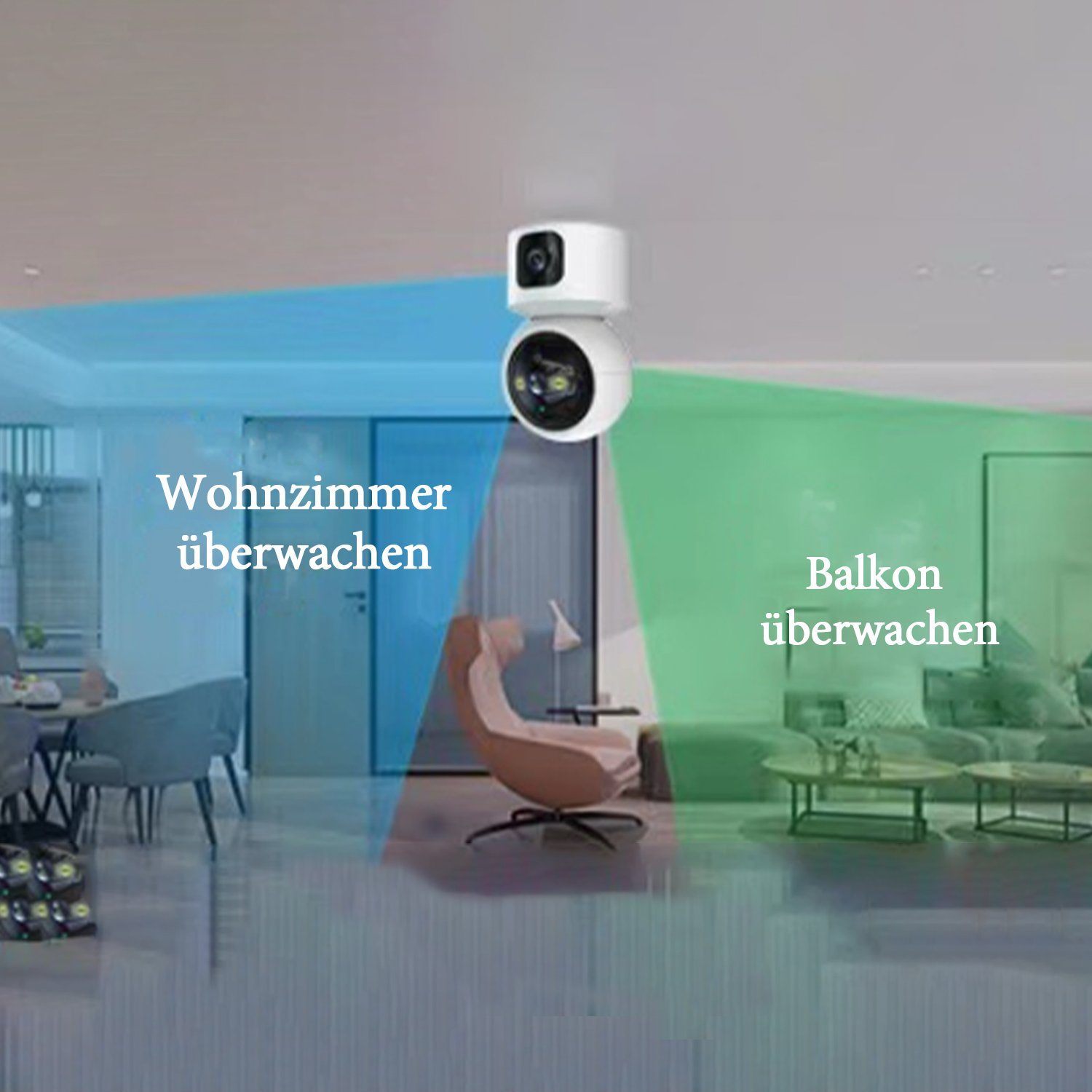 Kpaloft 355°-WLAN Überwachungskamera (für den Innenbereich, FHD 1080P Dual-Kamera, 90° verstellbar, Nachtsicht, Bewegungserkennung, APP, Zwei-Wege-Audio, Ton- und Lichtwarnung, für Babys/Haustiere)