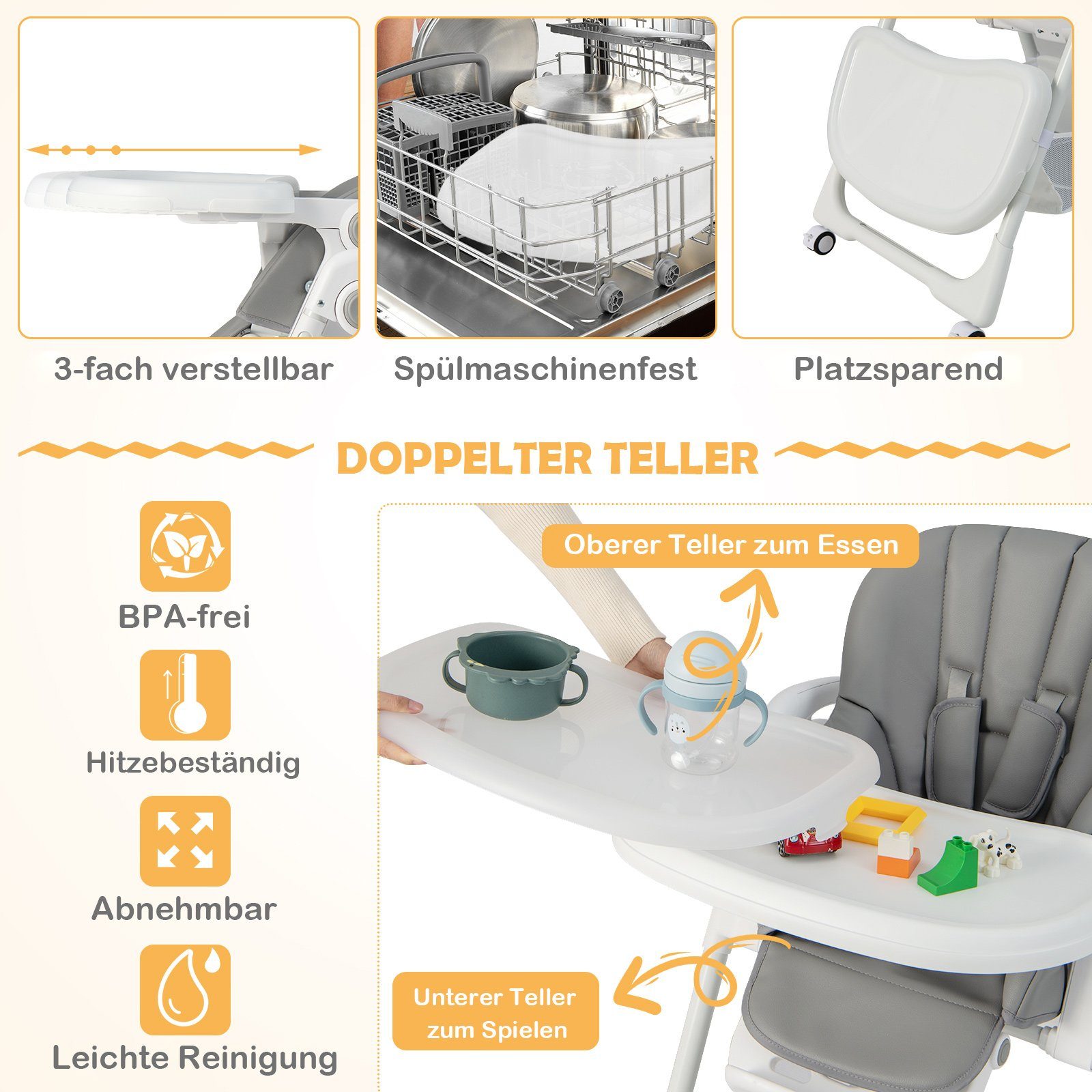 COSTWAY Hochstuhl, klappbar, höhenverstellbar, mit 5-Punkt-Gurt, für 6-36 Monaten