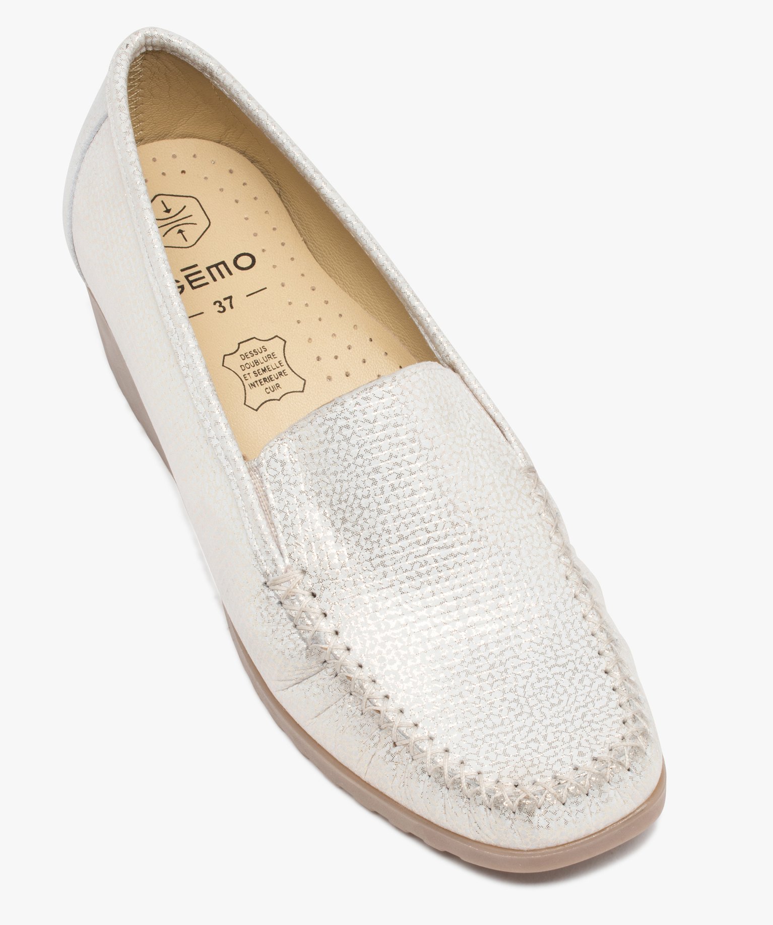 Mocassins femme confort dessus cuir métallisé souple blanc | GEMO