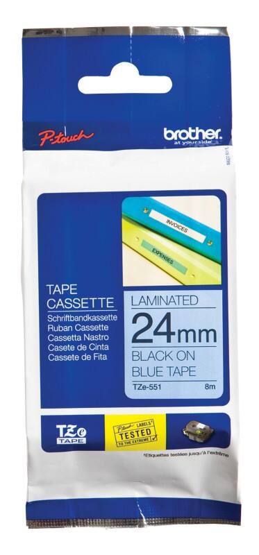Brother TZe-551 Authentic Schriftband Selbstklebend Schwarzer Druck auf Blau 24 mm x 8m