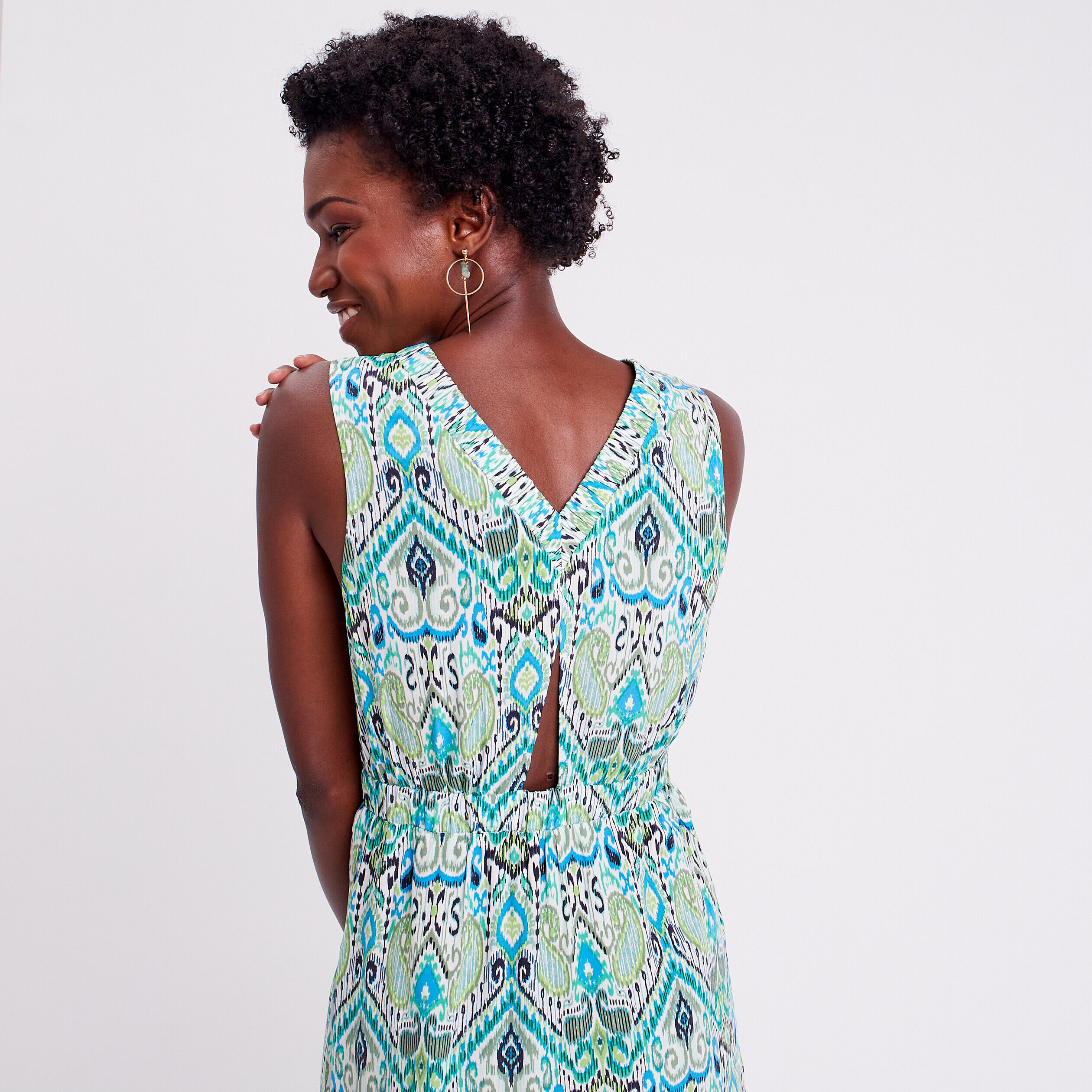 Robe longue évasée col en V blanc femme | Cache Cache