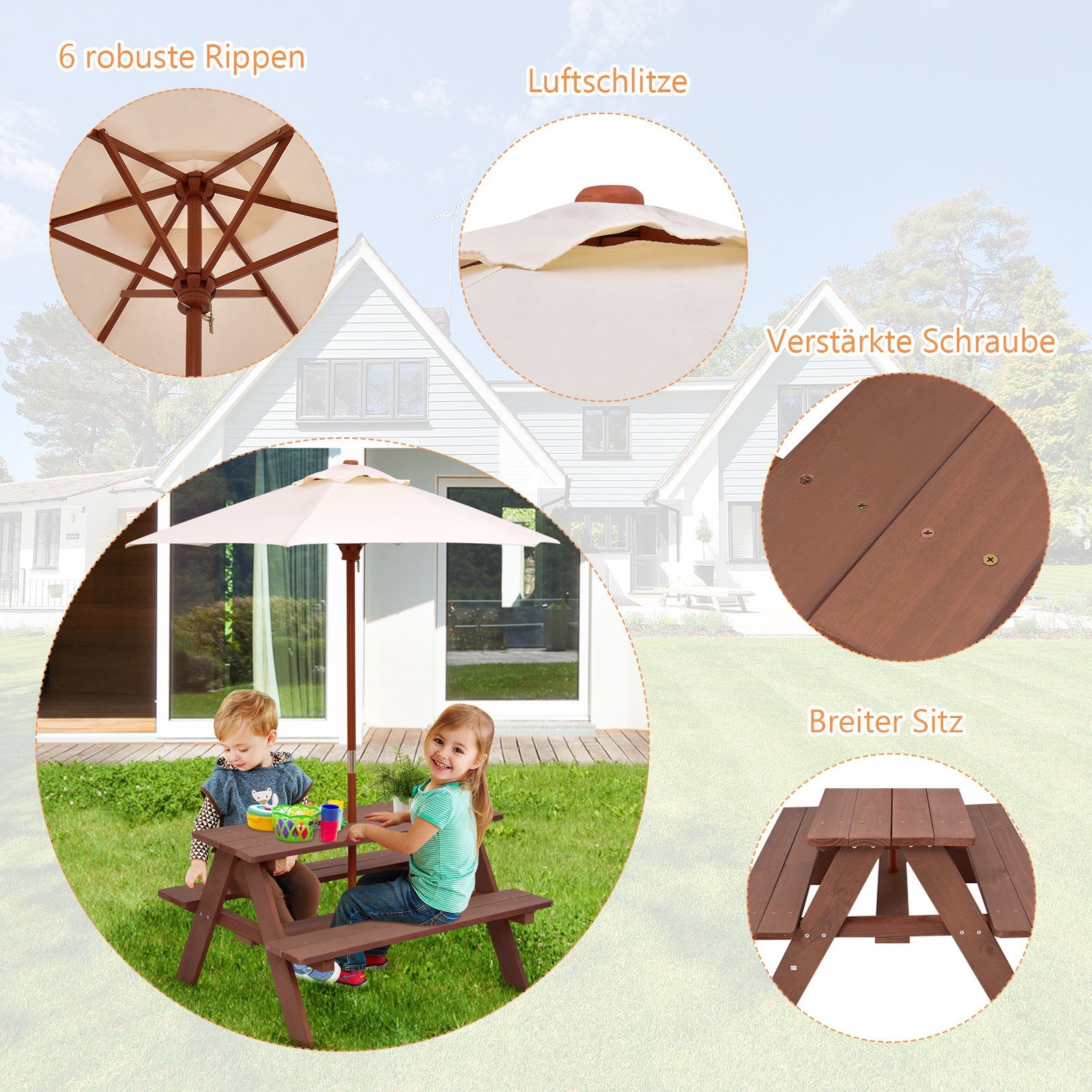 COSTWAY Garten-Kindersitzgruppe, mit abnehmbarem Sonnenschirm, 4 Sitze