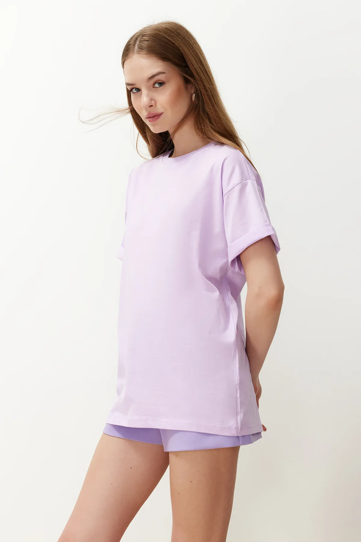 Trendyol Collection  Lila, 100 % Baumwolle, Oversize/Weitform, Rundhals-Strick-T-Shirt TWOSS20TS0134