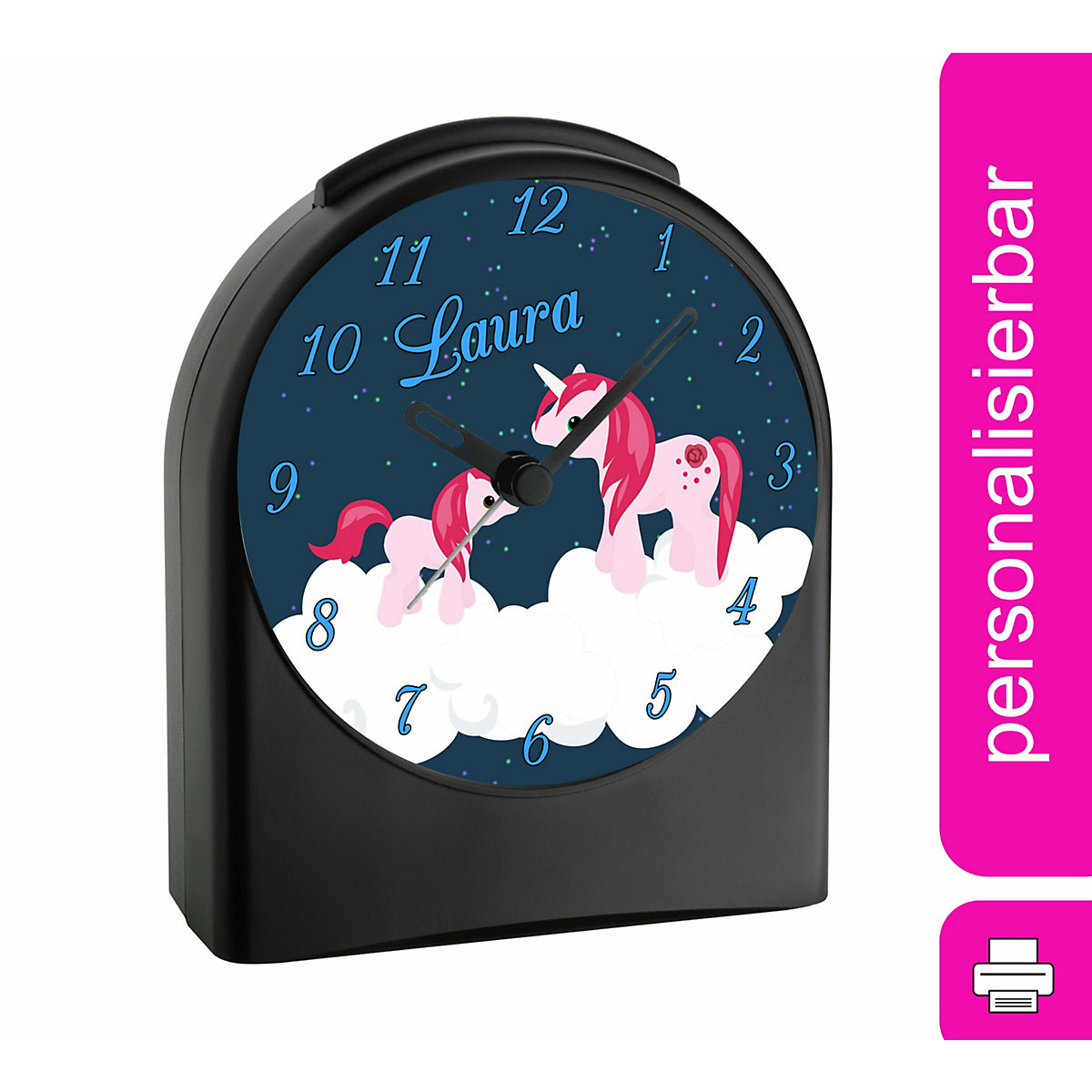 Kinder Funkwecker personalisiert mit Namen Einhorn Atom-/Funkuhr, 12-Stunden-Anzeigeformat, Schlummerfunktion, Nachtlicht, Geräuschlos/Ohne Ticken