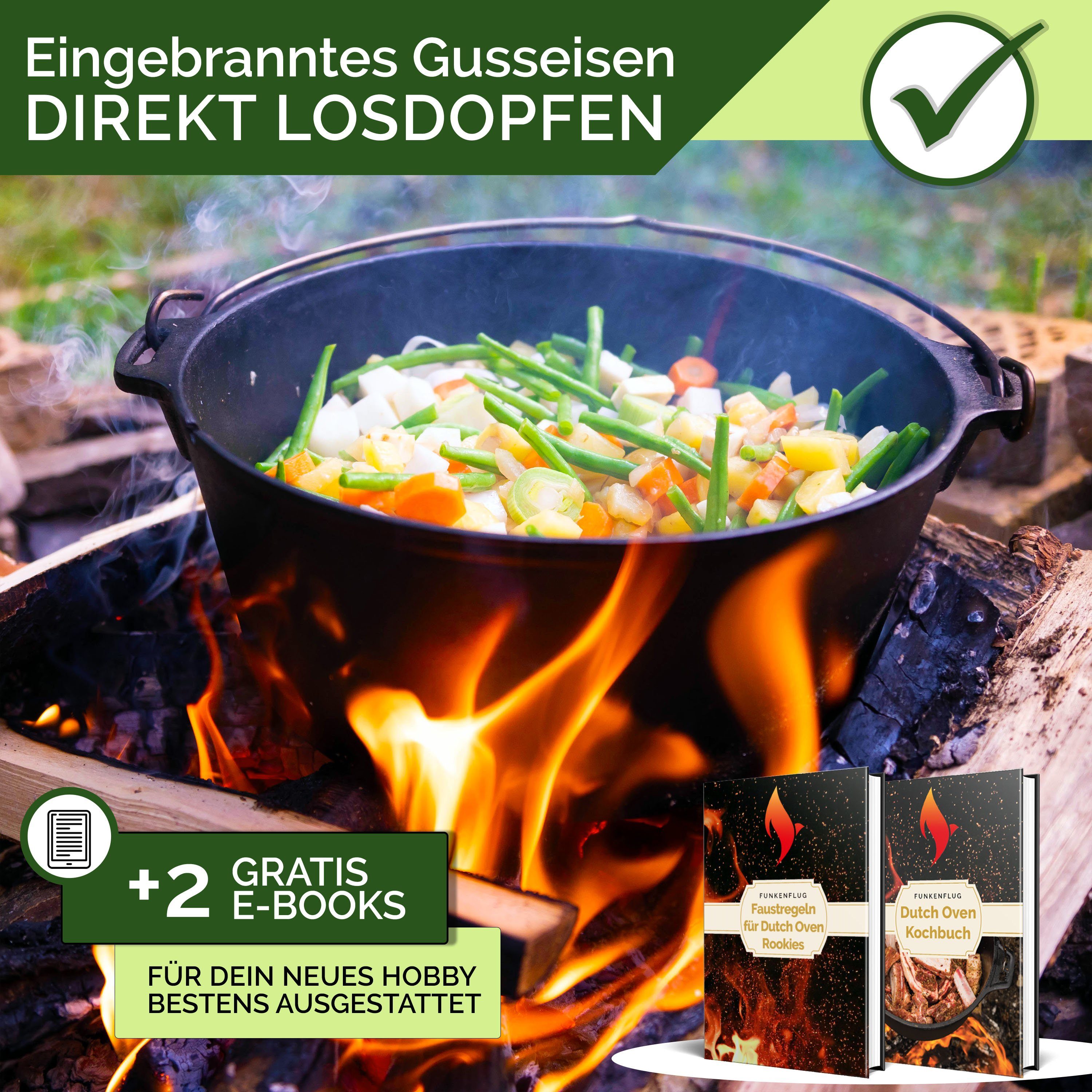 Funkenflug Feuertopf Eingebranntes Dutch Oven Set - für gesellige Grill Abenteuer, Gusseisen (Dutch Oven Set, Braeter, 5-tlg., - BBQ Feuertopf aus massivem dickwandigen Gusseisen), inkl Edelstahluntersetzer & Dutch-Oven Zubehör Set