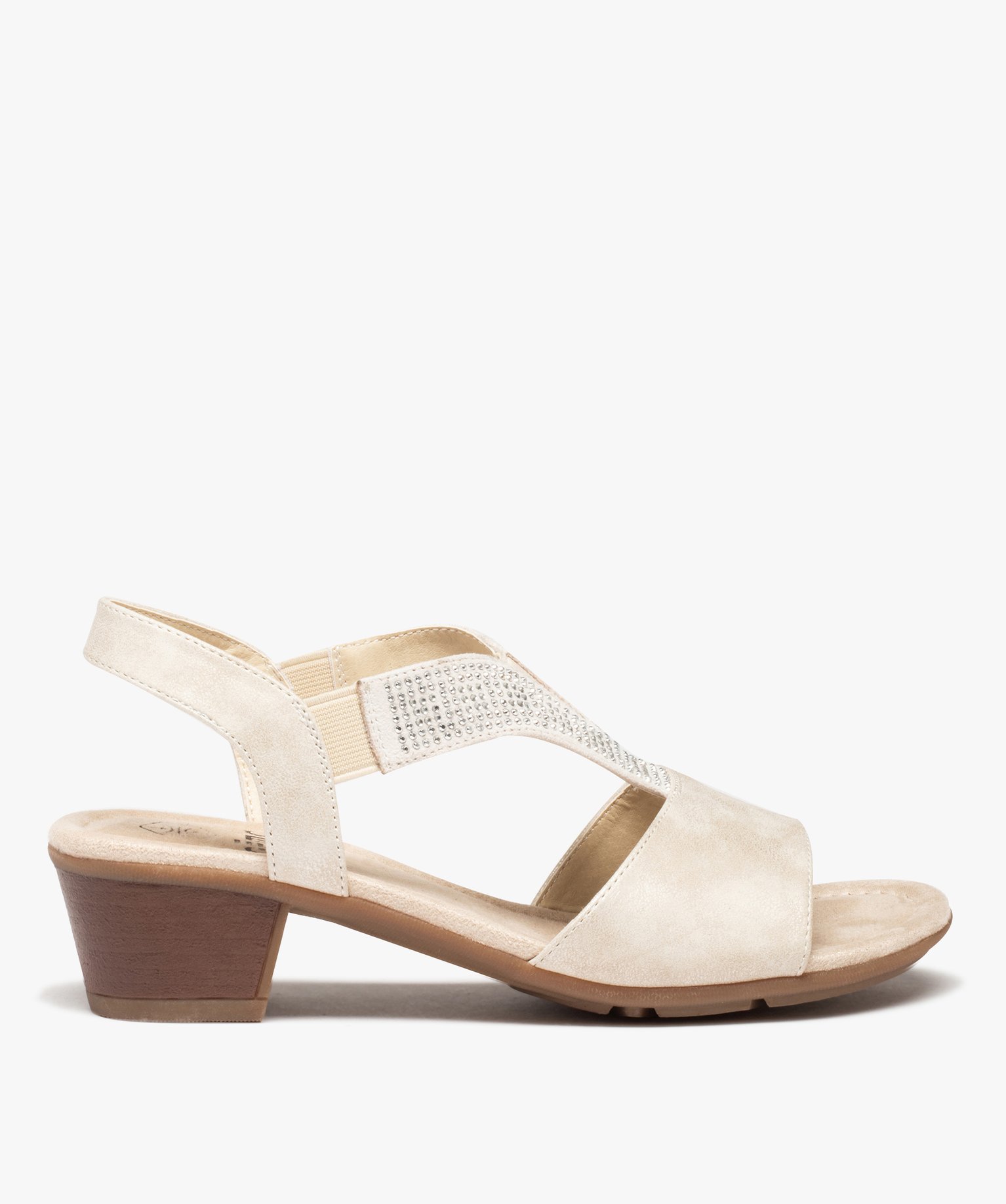 Sandales femme confort à talon et brides élastiques à strass beige | GEMO