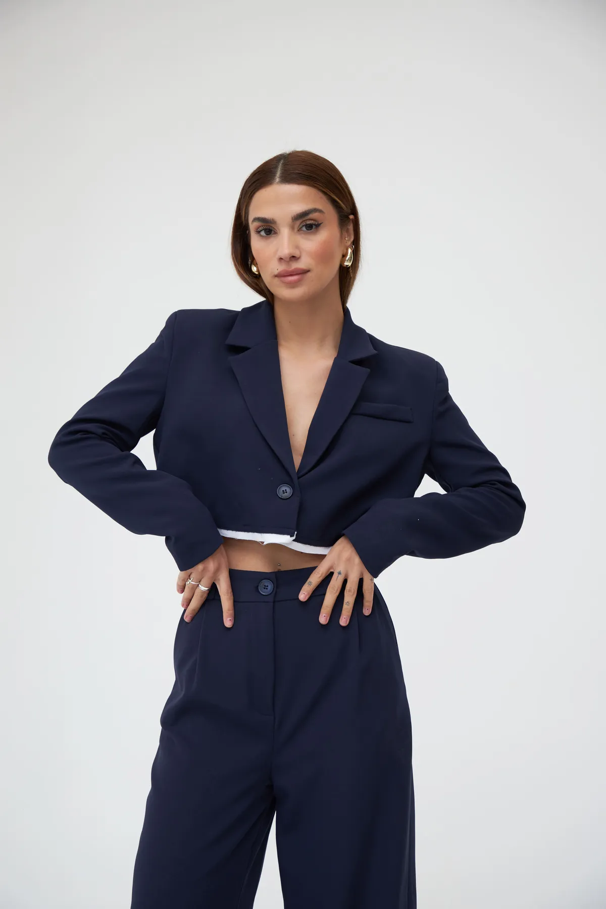 Laluvia  Marineblaues Palazzo-Set mit kurzem Jackett