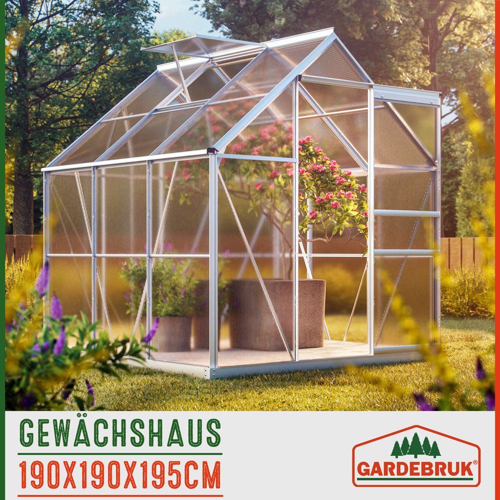 Gardebruk Gewächshaus, Aluminium 3,6m² mit Fundament 190x190cm inkl. Dachfenster Treibhaus