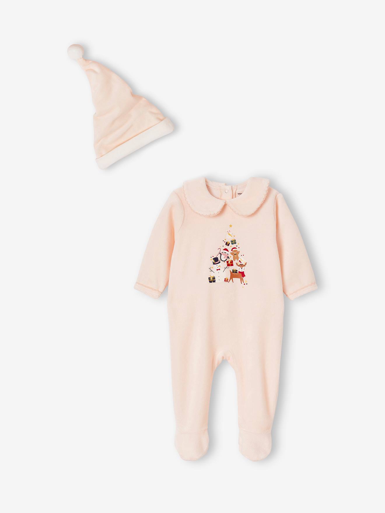 Dors-bien bébé fille Noël et bonnet en velours rose pâle