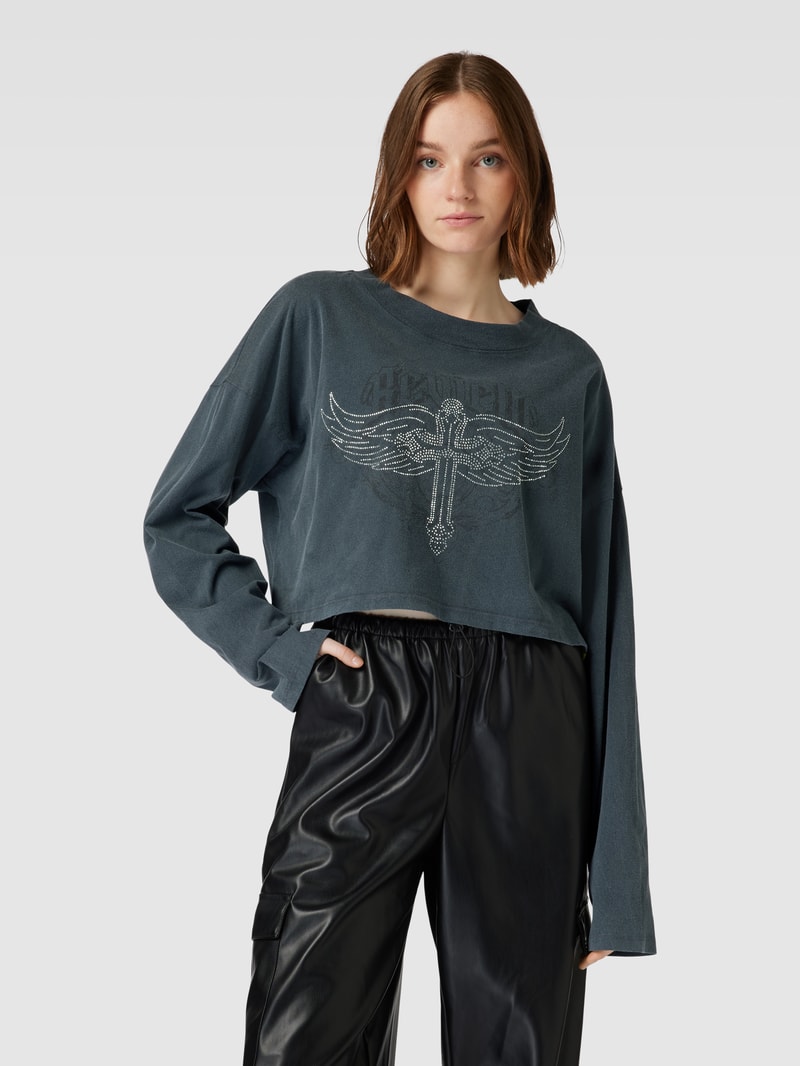 Oversized cropped Longsleeve mit Ziersteinbesatz in anthrazit
