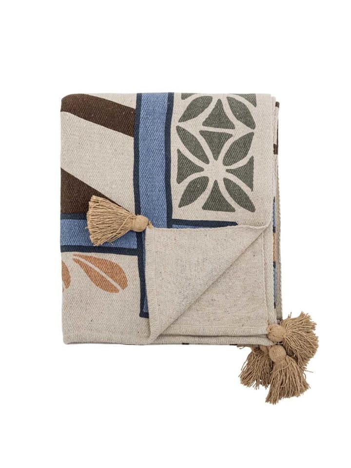 Bloomingville Decke RUDAUR Natur Blau Rot mit Quasten in Beige günstig kaufen onesize