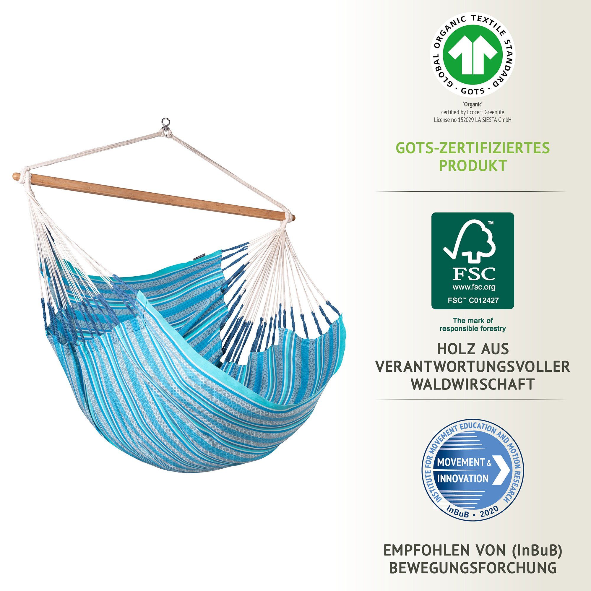 La Siesta Hängestuhl Hängestuhl Hängesessel Lounger HABANA Azure Bio Baumwolle La Siesta, Hochwertige Qualität
