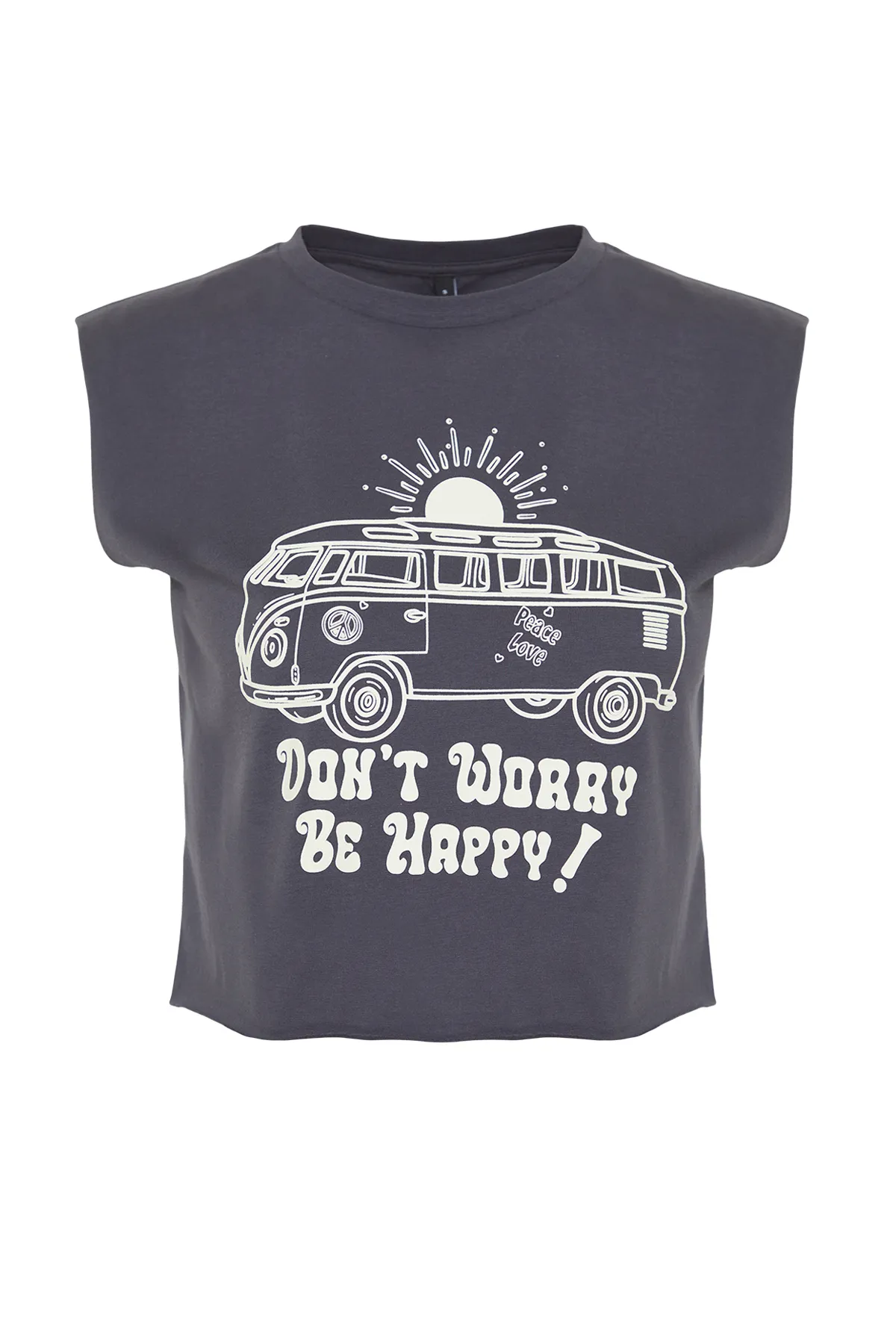 Trendyol Collection  Anthrazitfarbenes, bedrucktes, ärmelloses, kurz geschnittenes Strick-T-Shirt aus 100 % Baumwolle mit Rundhalsausschnitt TWOSS23TS00122