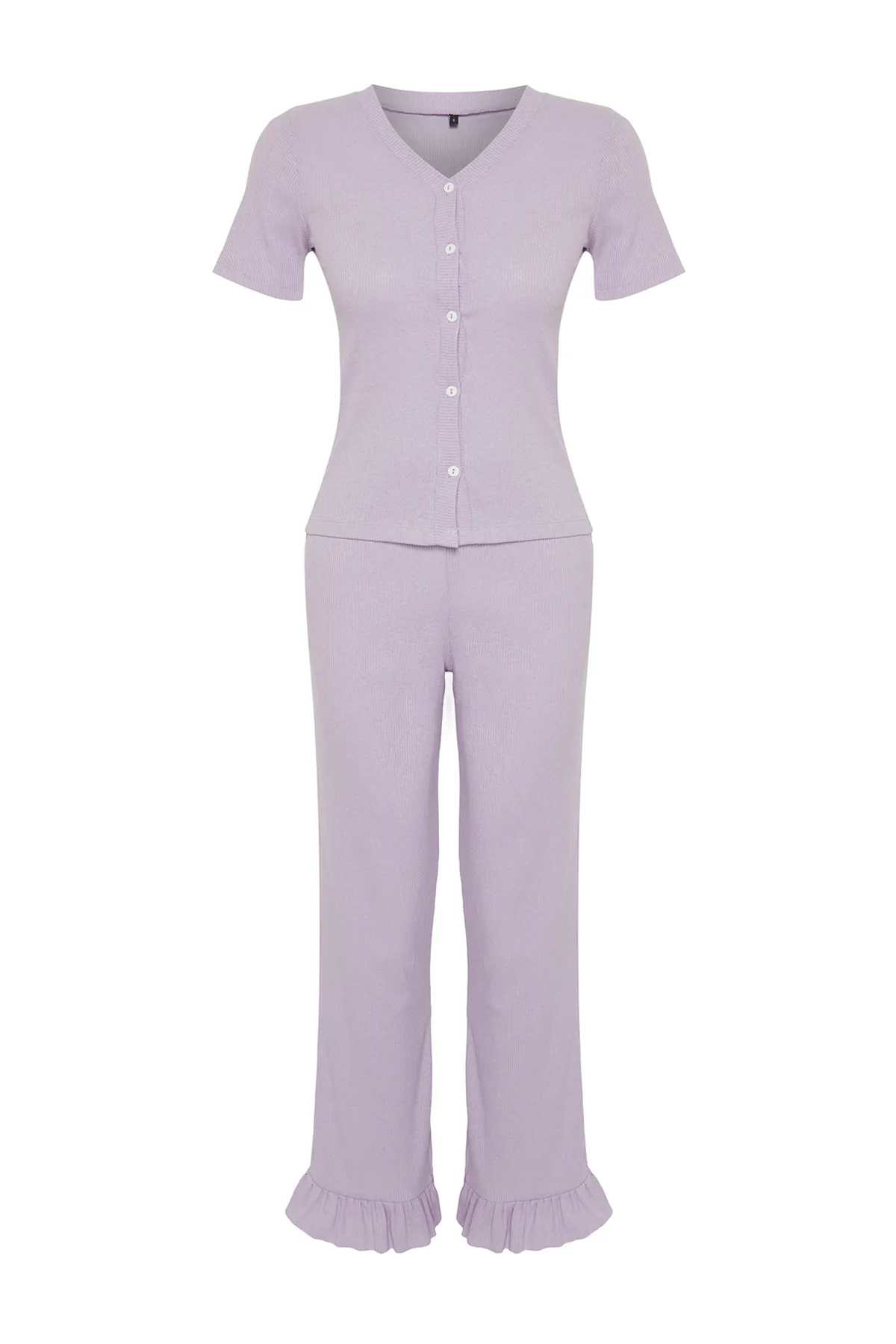 Trendyol Collection  Fliederfarbenes Pyjama-Set aus schnurgebundenem Strick mit Rüschen und Details THMSS24PT00209