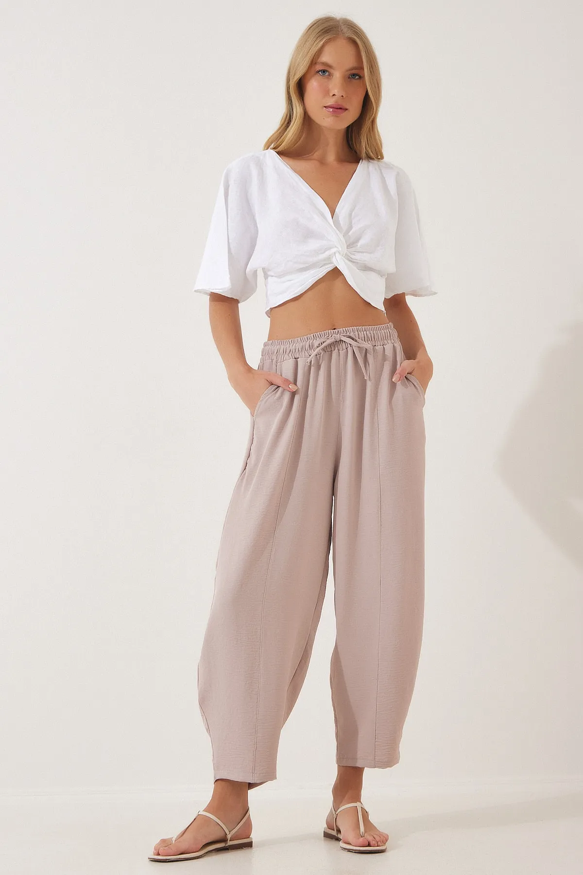 Happiness İstanbul  Damen-Shalwar-Hose aus cremefarbenem Leinen CI00036