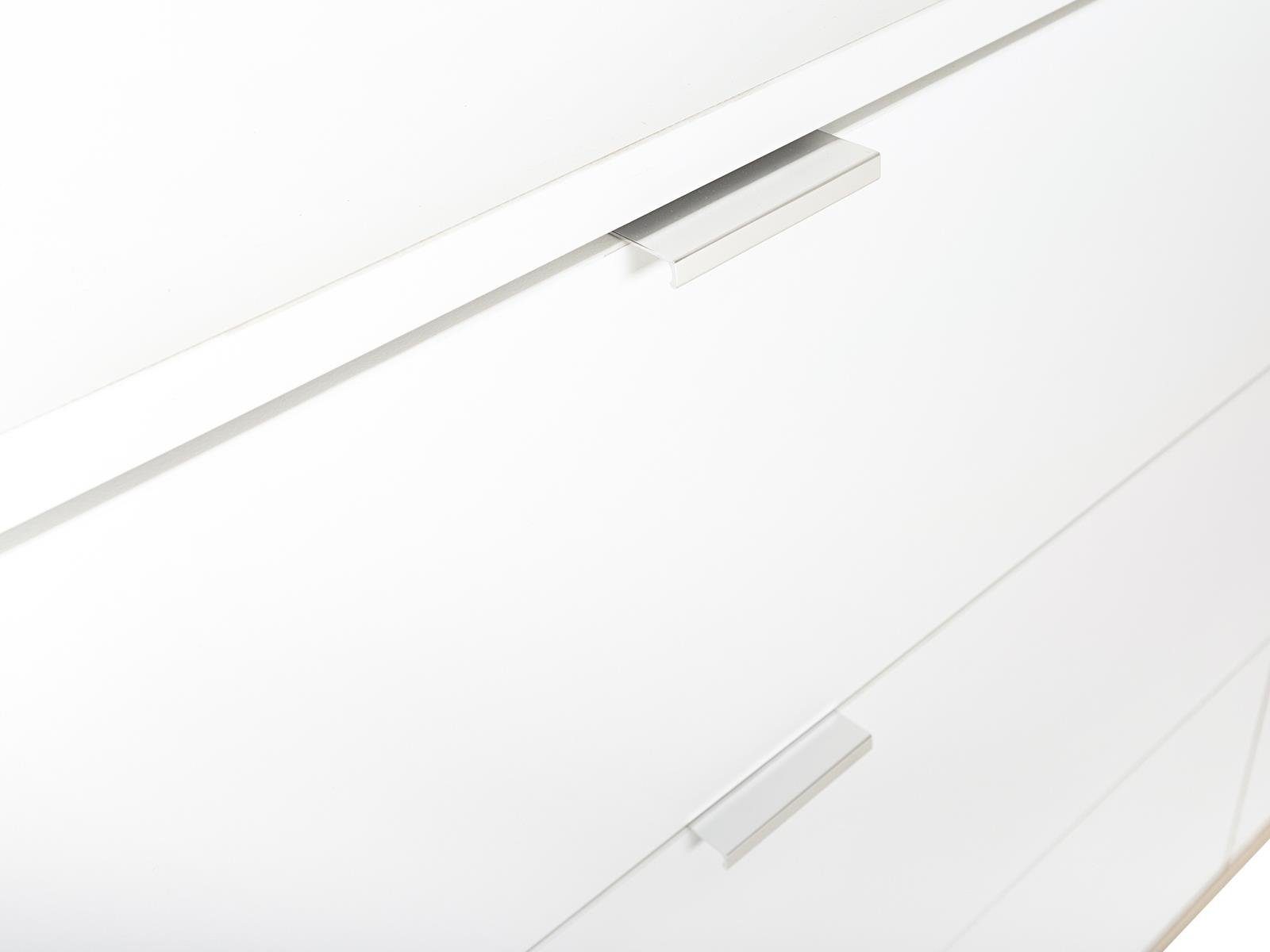 möbelando Highboard Dalarna, Modernes Highboard aus Spanplatte in Weiß, Füße aus Massivholz in Sonoma-Eiche mit 1 Glas-/Holztür, 1 Holztür, 2 Schubkästen, 2 Einlegeböden und 1 Glaseinlegeboden. Breite 100 cm, Höhe 140 cm, Tiefe 40 cm