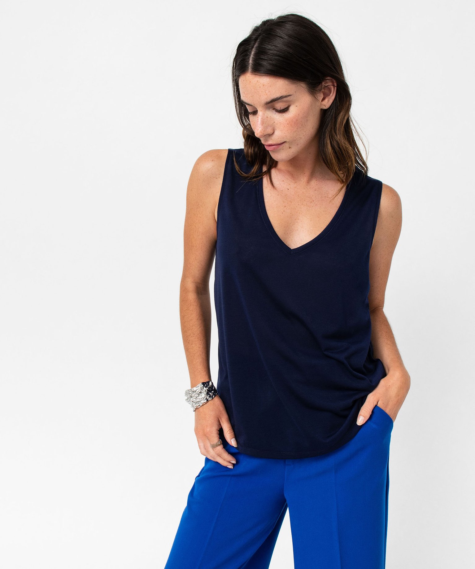 Débardeur col V en maille fluide femme bleu | GEMO