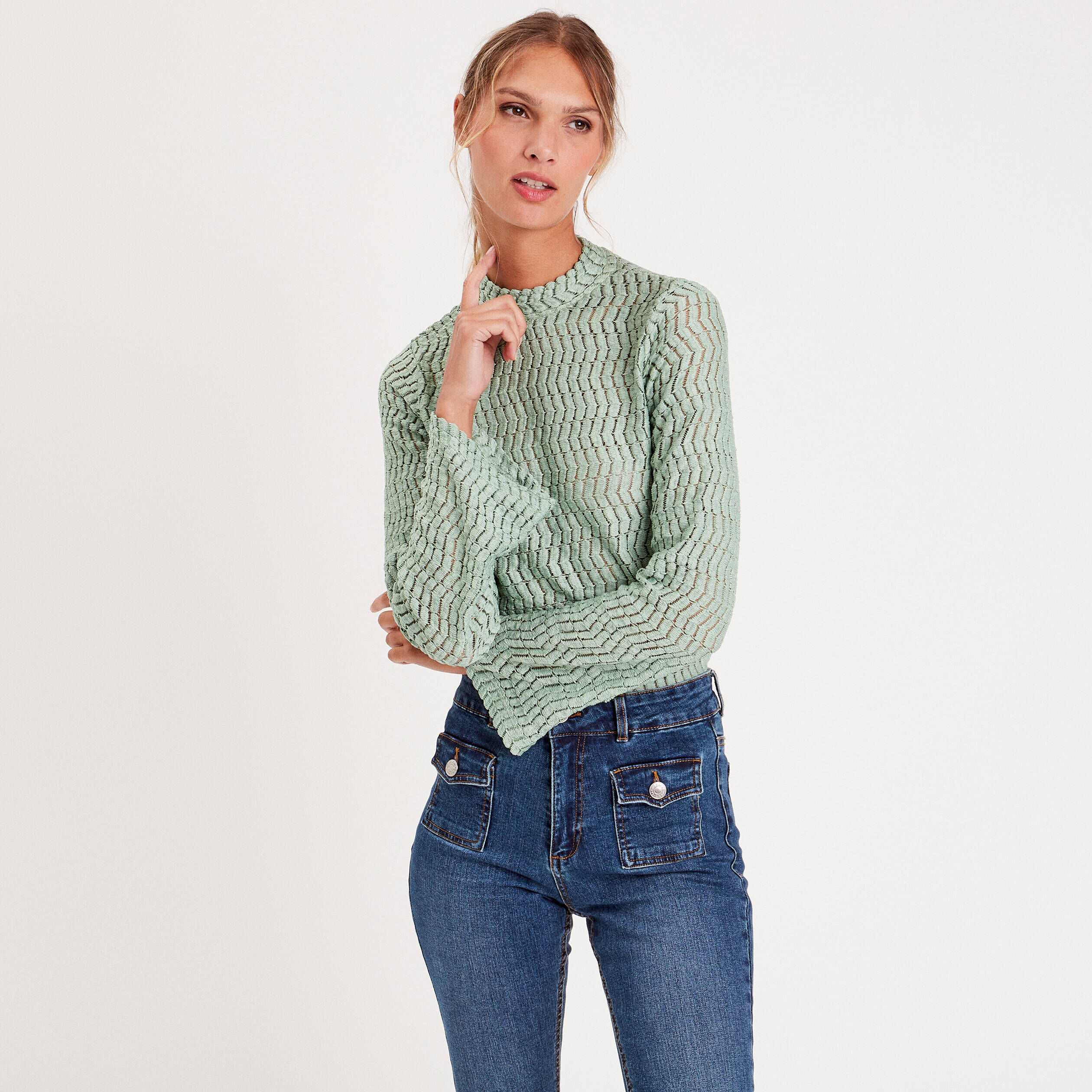 T-shirt ajouré col montant vert pastel femme | Cache Cache