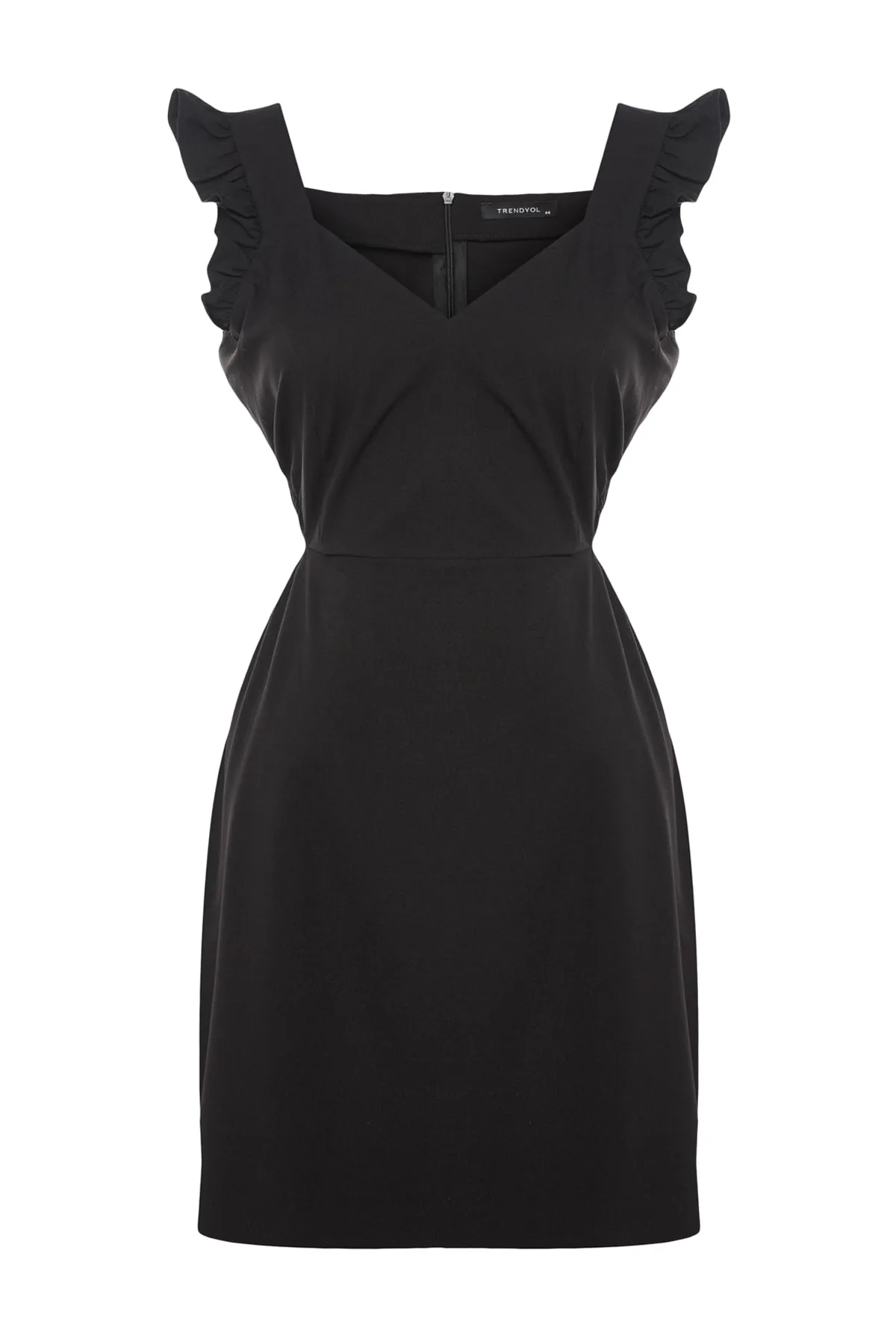 Trendyol Curve  Schwarzes gewebtes Kleid mit Cut-Out-Details und Trägern TBBSS23AH00026