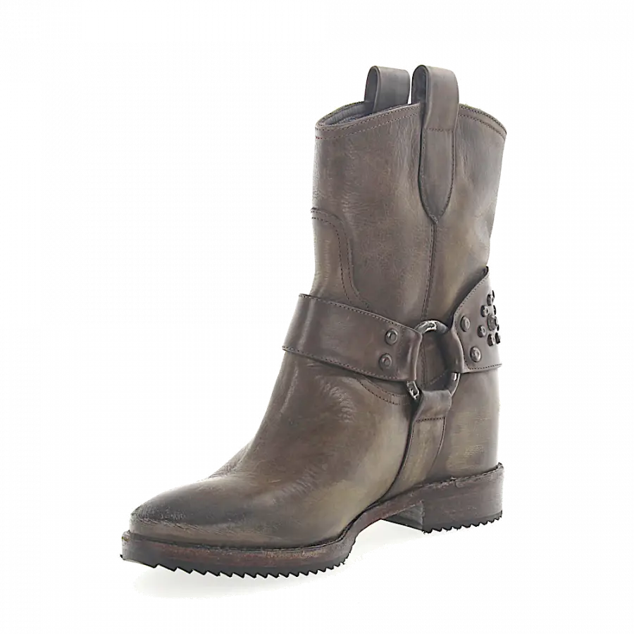 ROSS B. - Cowboy-/ Bikerstiefeletten Kalbsleder Nieten Zierriemen taupe - grau