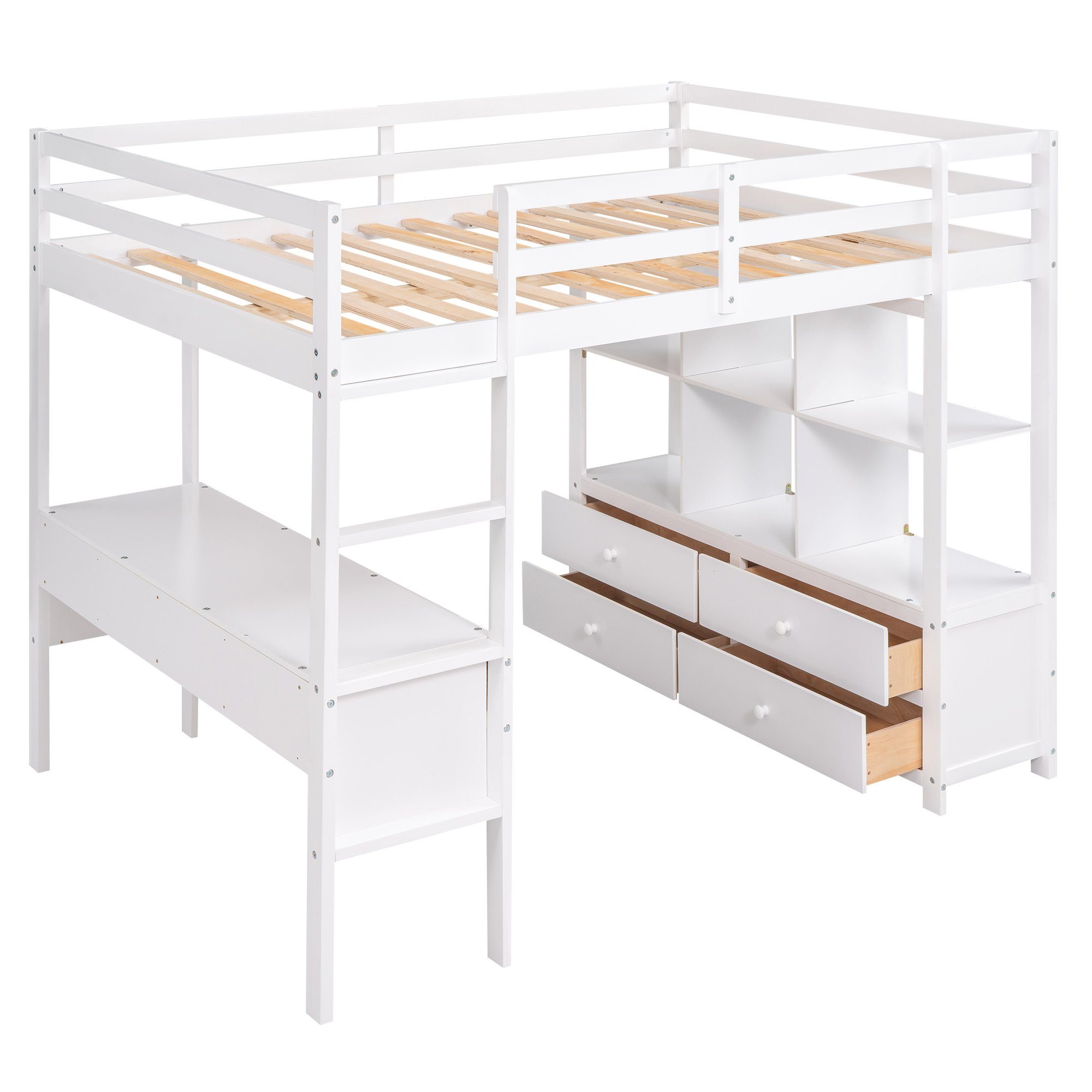 Fangqi Hochbett Großes Hochbett, Jugendbett mit Stauraum Schubladen und Schreibtisch