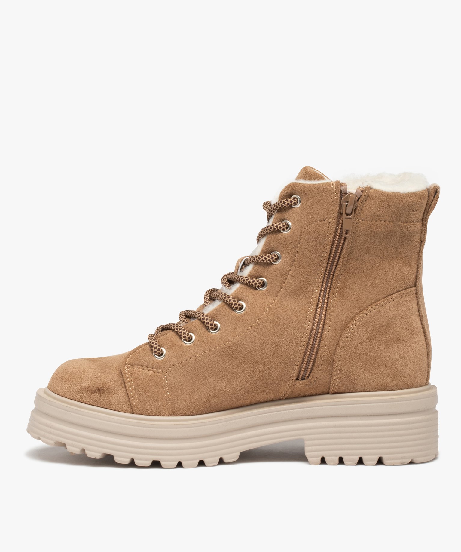 Boots fourrées femme crantées dessus suédine unie beige | GEMO